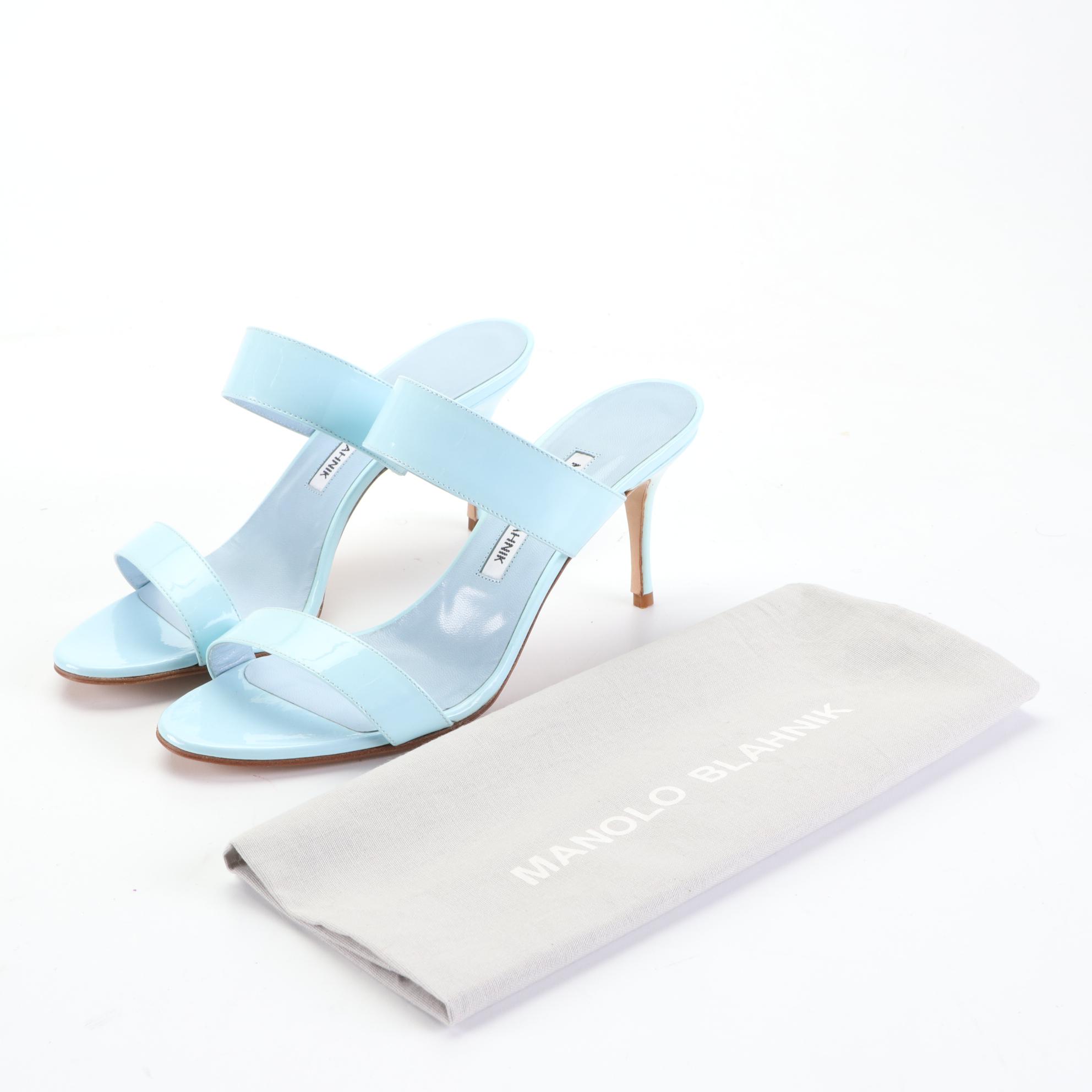 Manolo Blahnik 70mm Scolto Sandals in Pale Blue Patent Leather