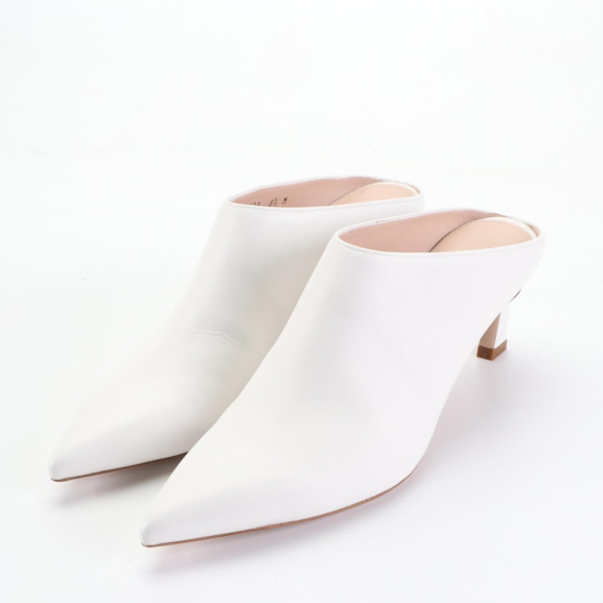Stuart Weitzman Pointed-Toe Mules in White Leather