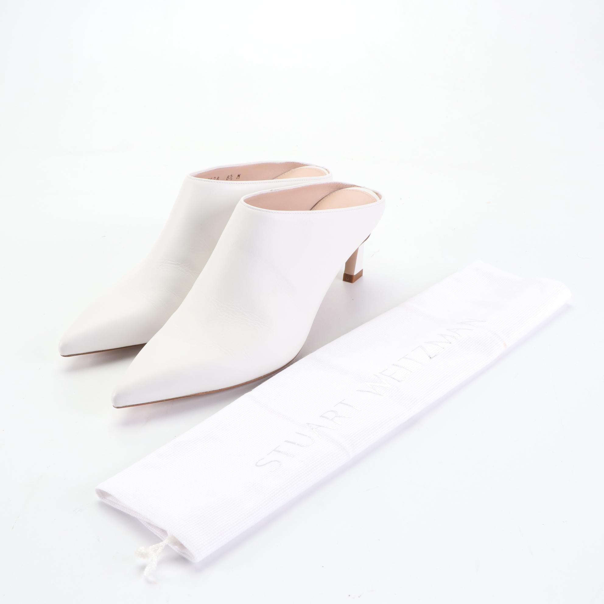Stuart Weitzman Pointed-Toe Mules in White Leather