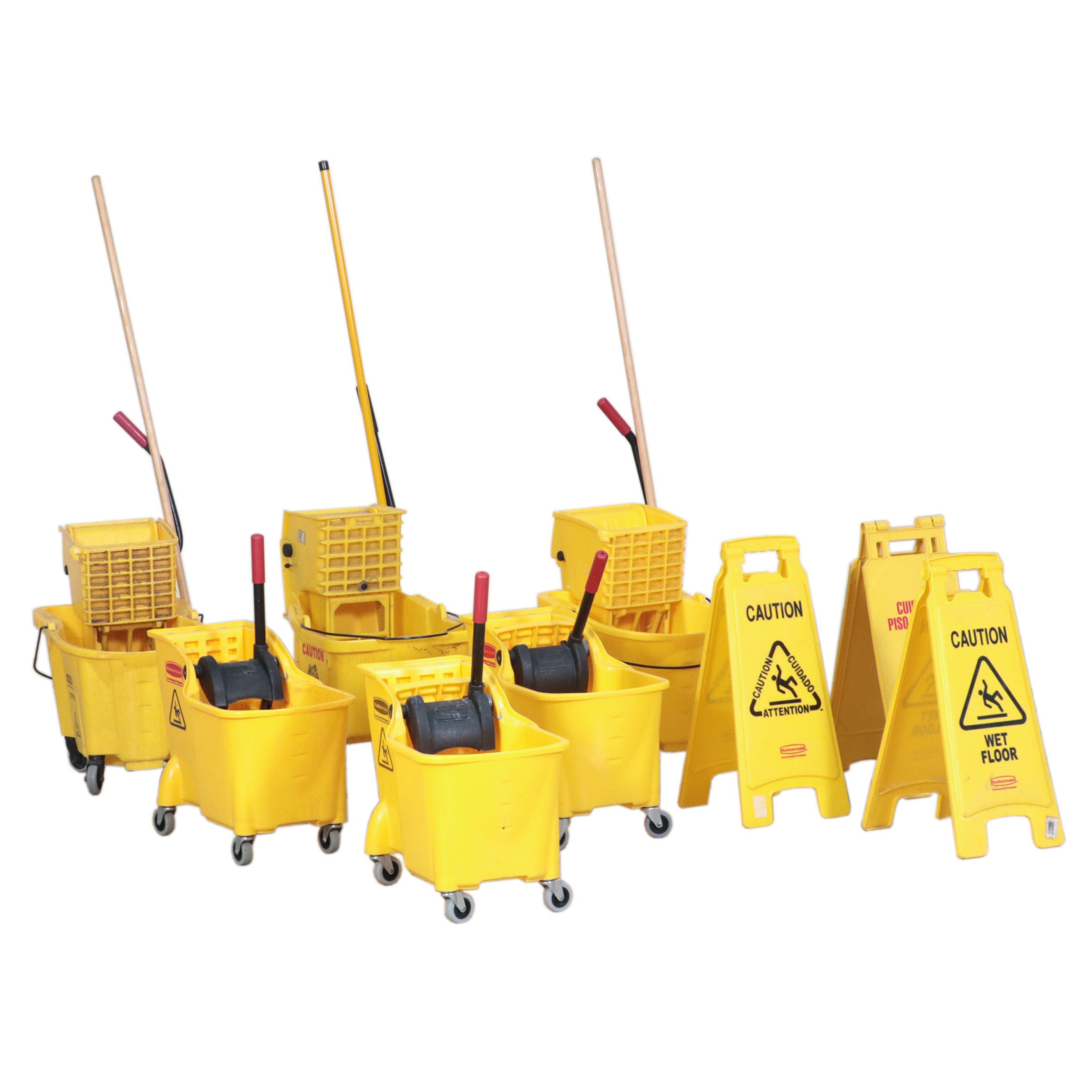 Six Rubbermaid Industrial Wheeled Mop Buckets With Three "Caution" Signs
