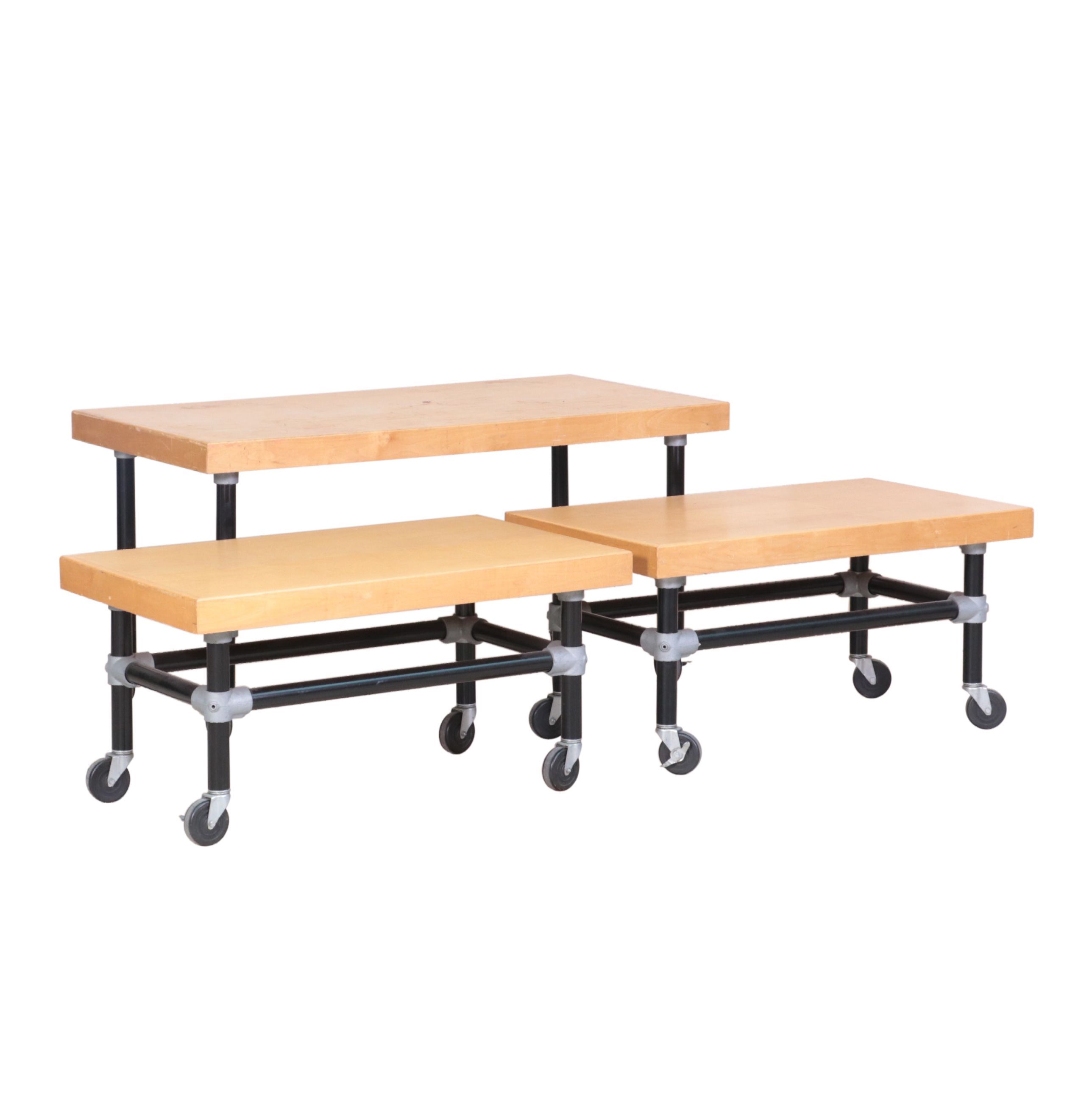 Three Metal and Wood-Veneered Top Rolling Retail Display Tables