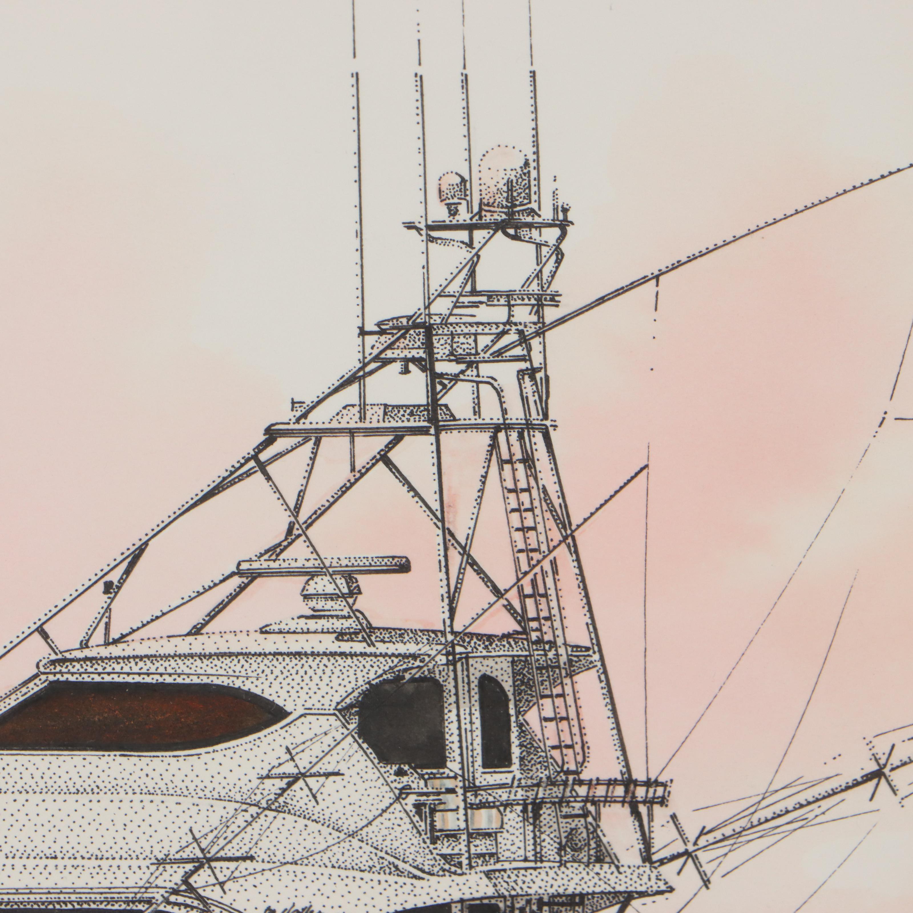 Steve T. Goione Hand-Colored Ink Drawing of Yacht