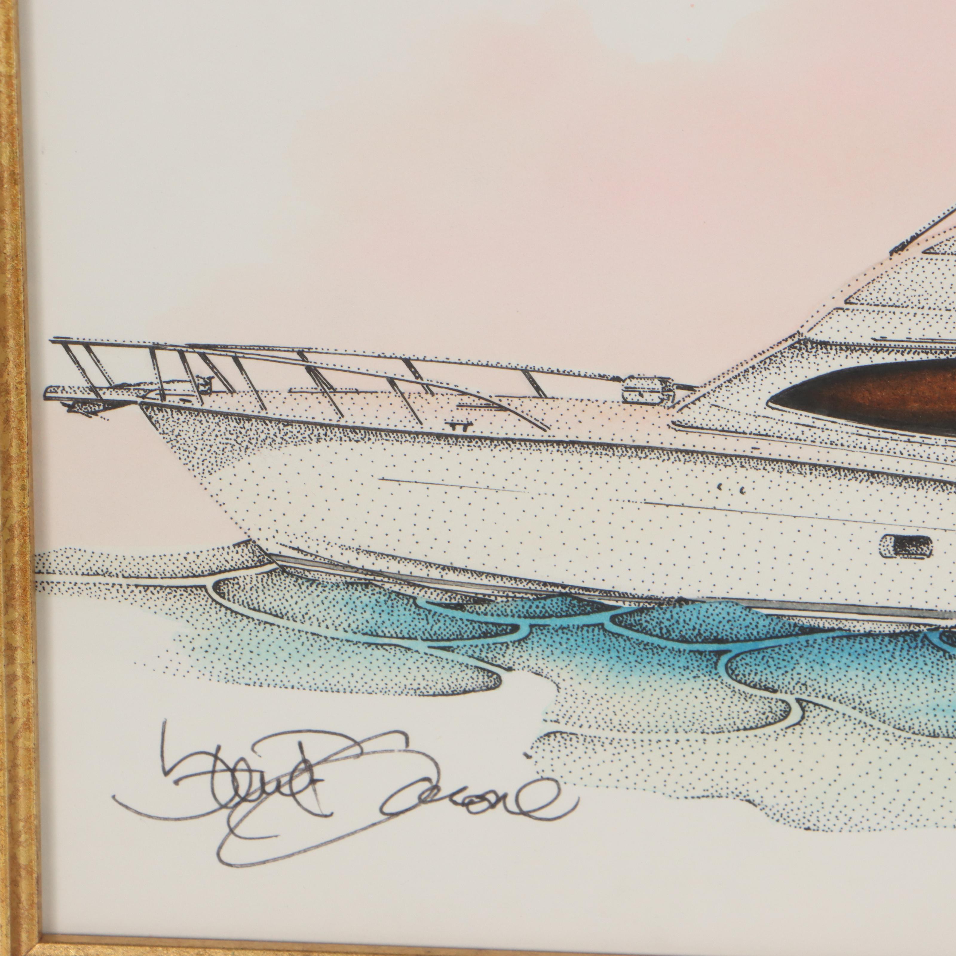 Steve T. Goione Hand-Colored Ink Drawing of Yacht