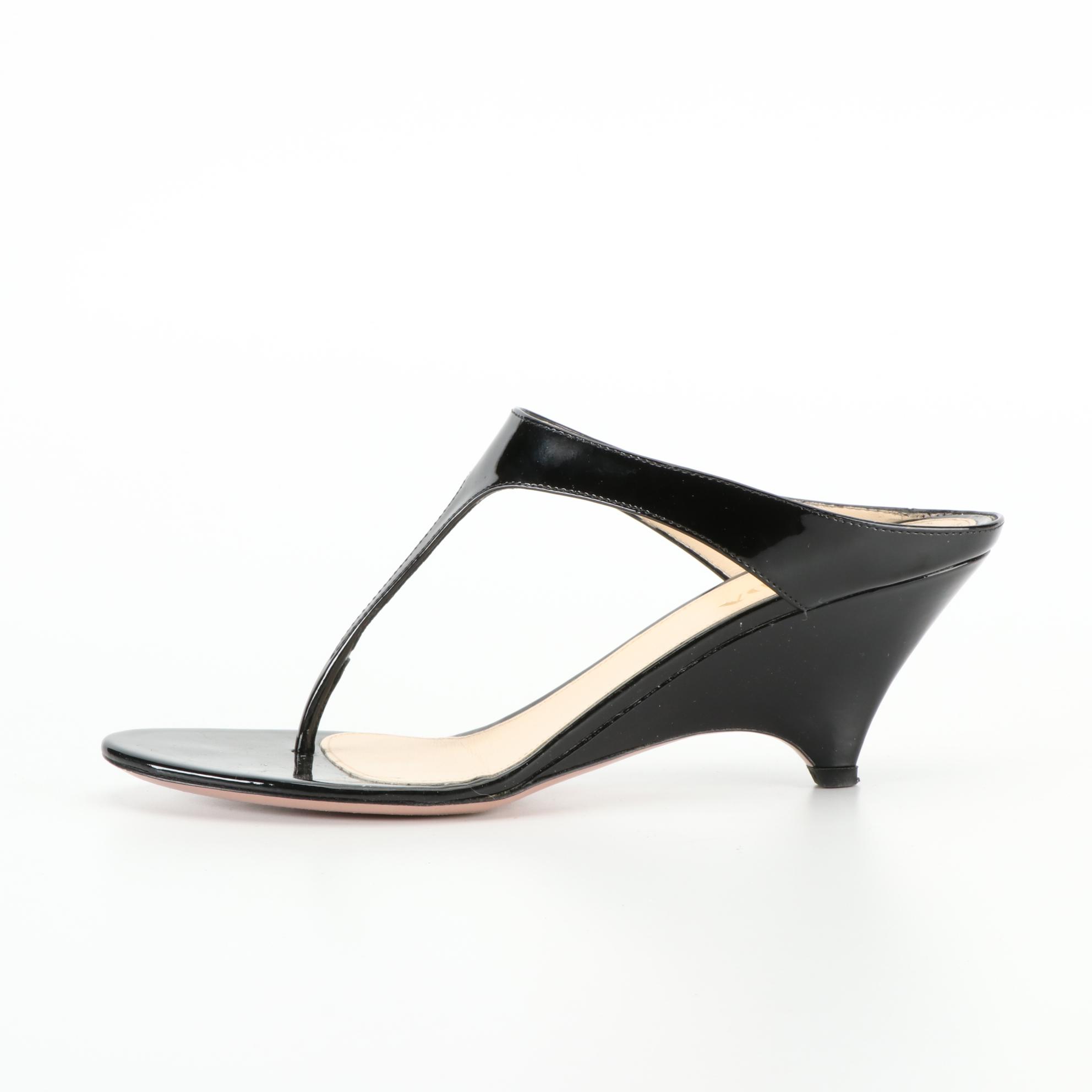Prada Patent Leather Thong Strap Wedge Sandals