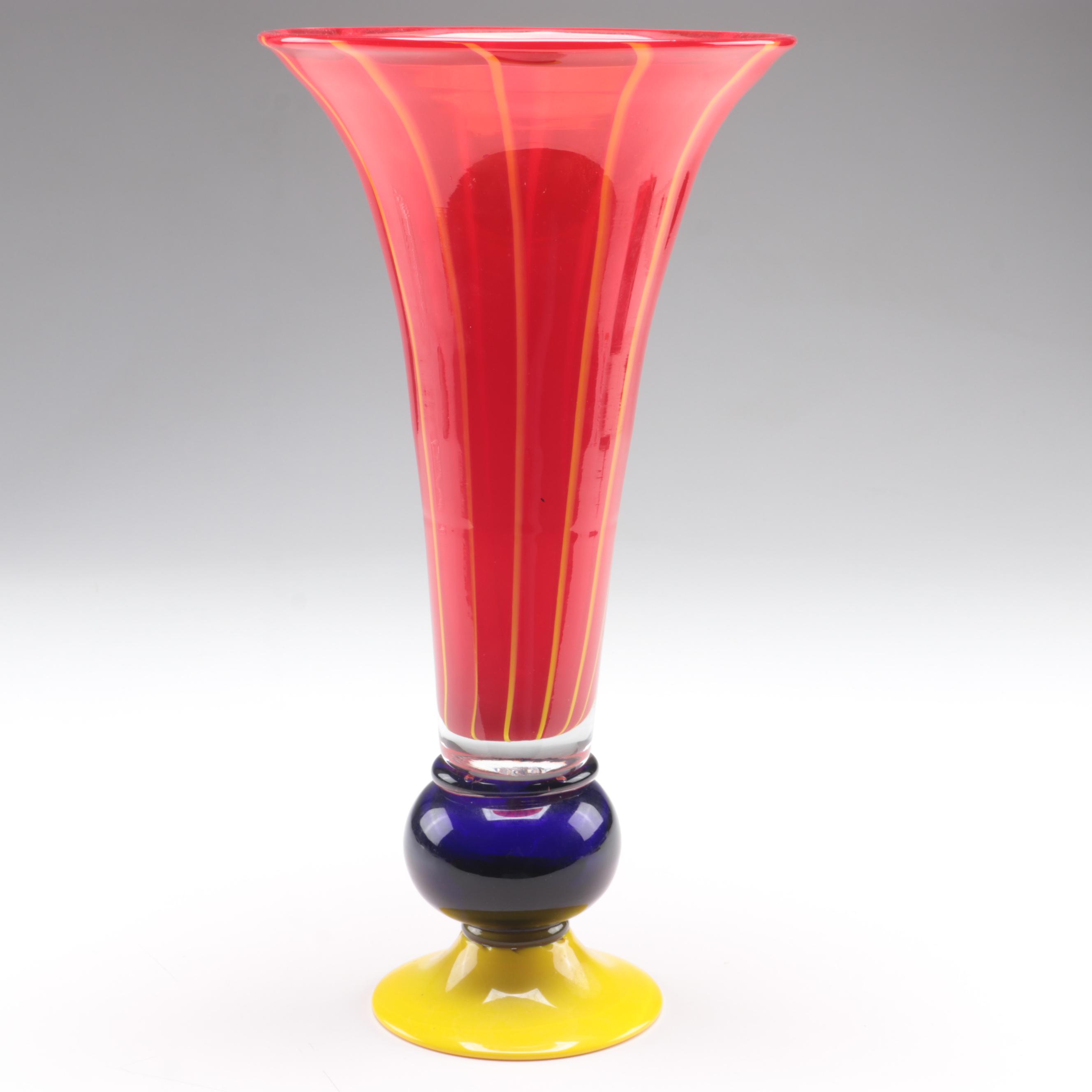 Blown Multicolor Footed Art Glass Trumpet Vase