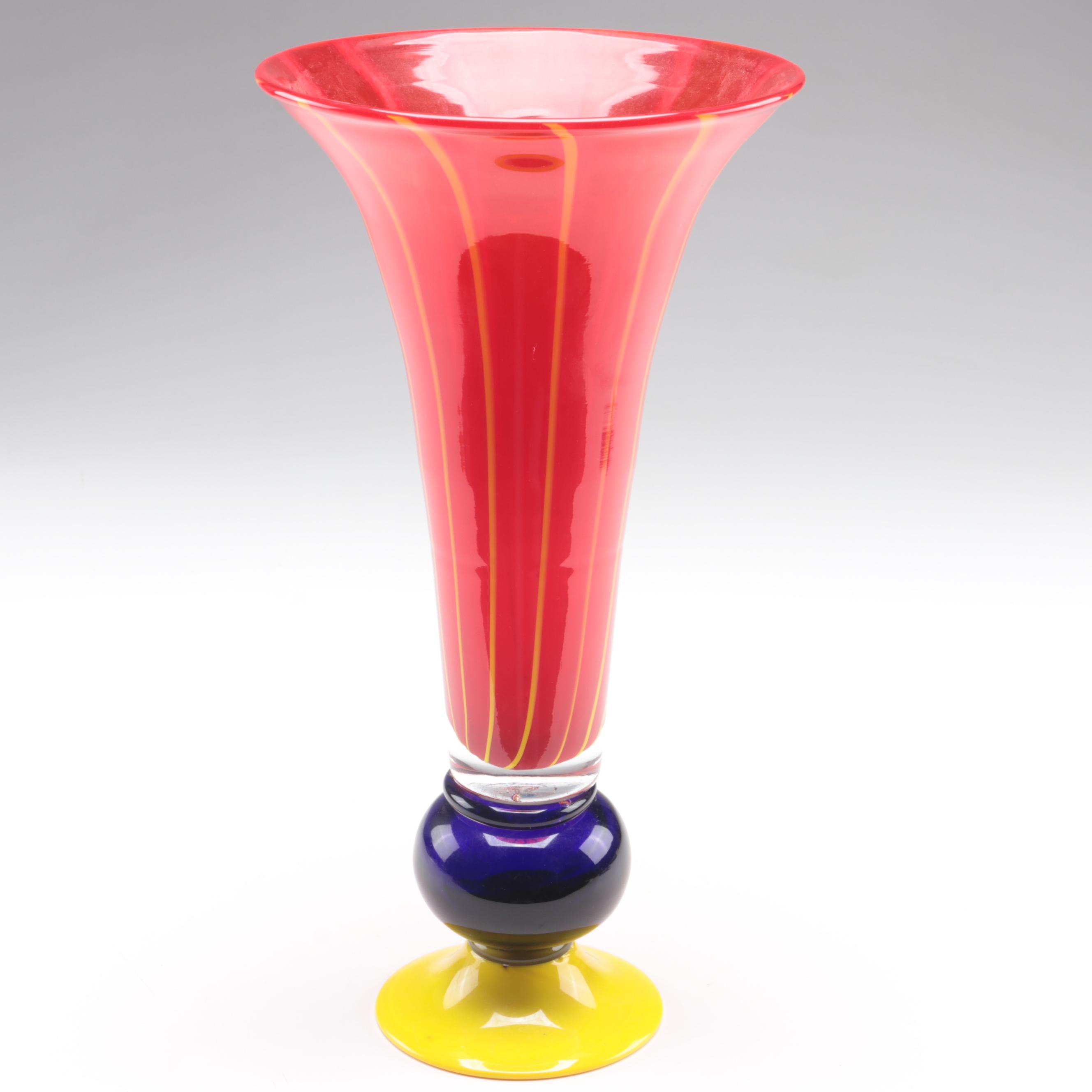 Blown Multicolor Footed Art Glass Trumpet Vase