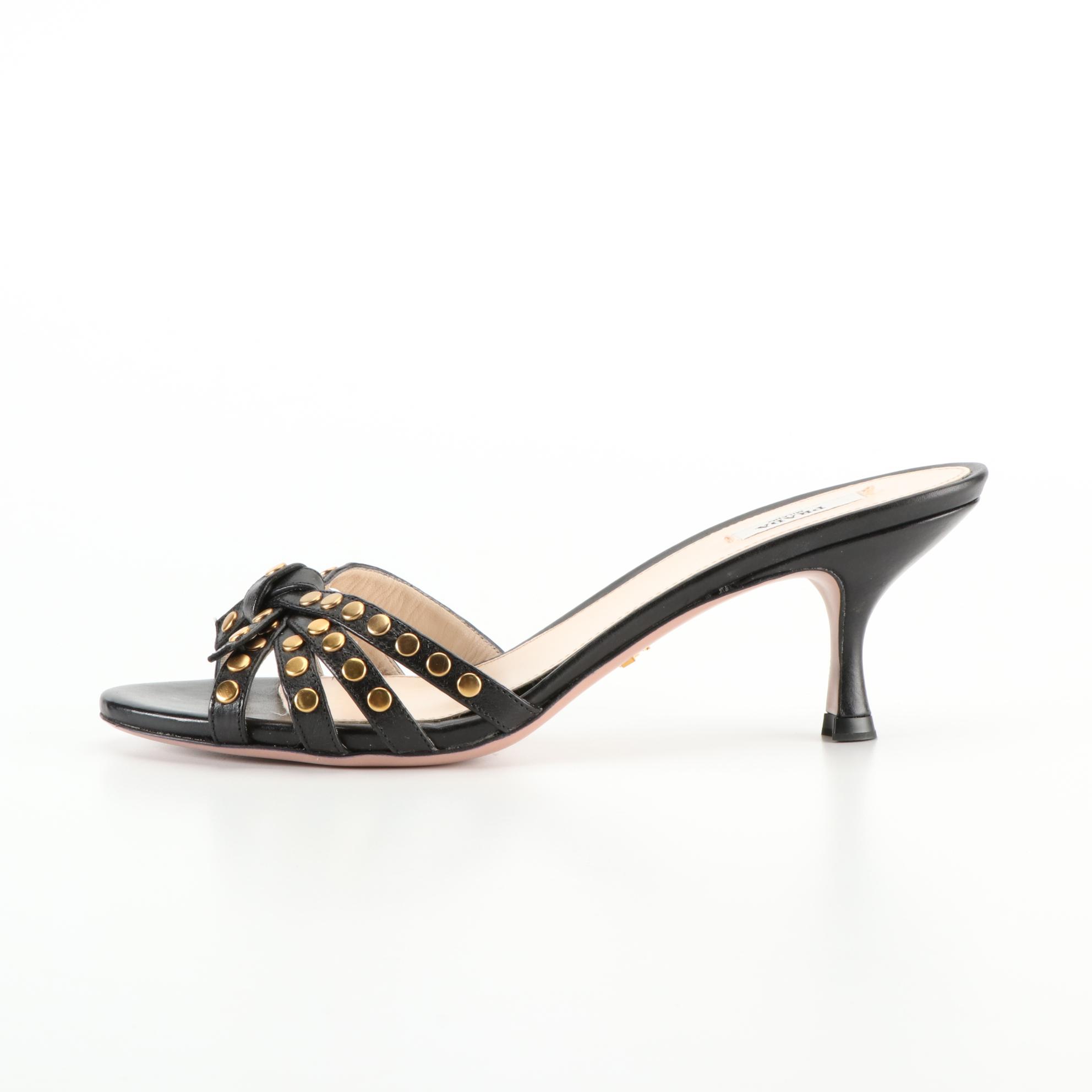 Prada Slide Sandals in Studded Black Leather