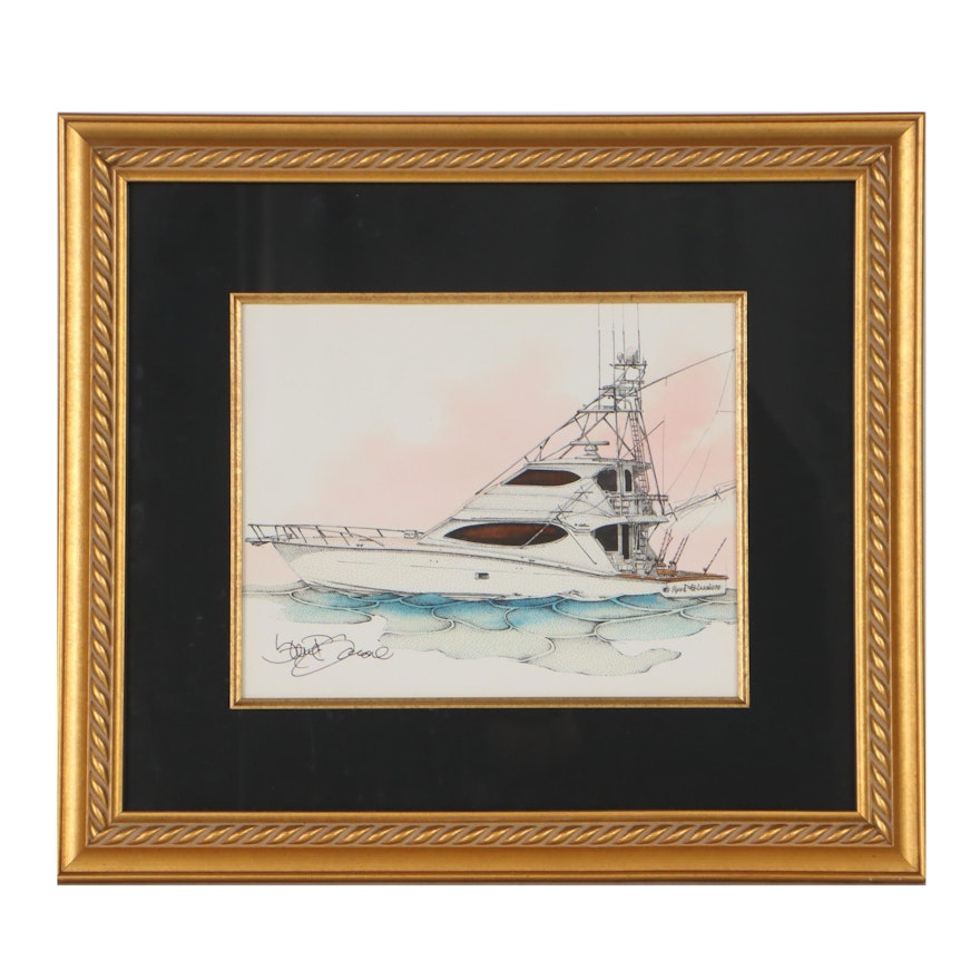 Steve T. Goione Hand-Colored Ink Drawing of Yacht