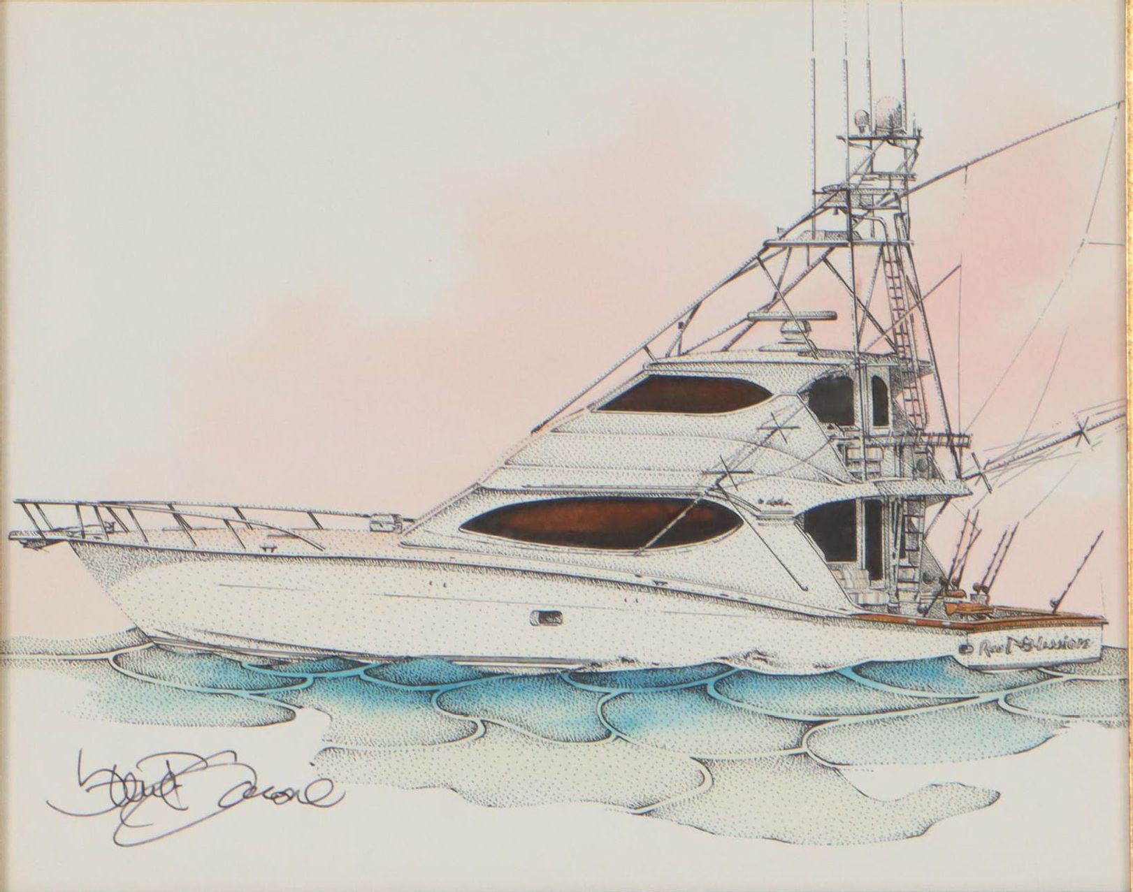 Steve T. Goione Hand-Colored Ink Drawing of Yacht