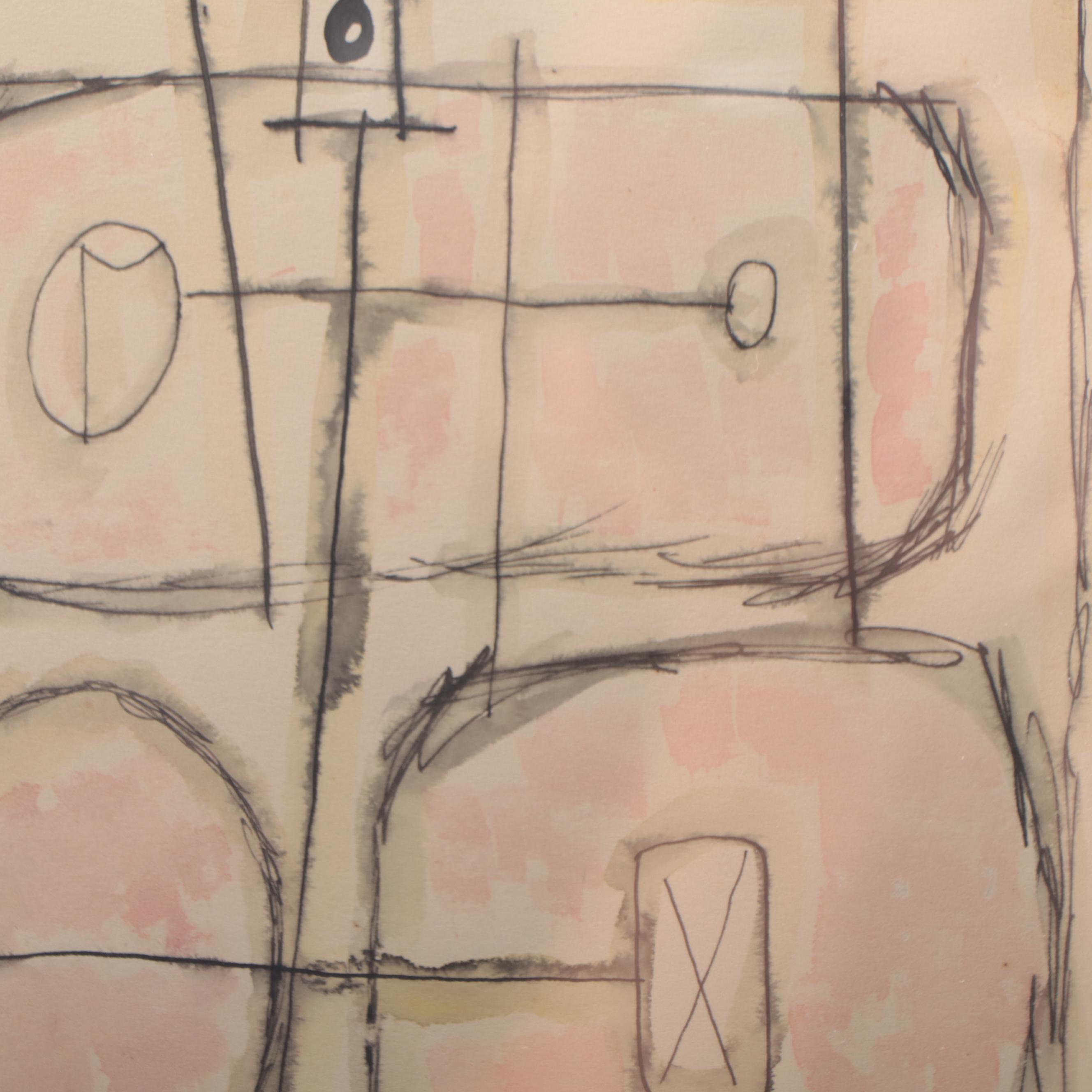 Harry Hilson Abstract Ink and Watercolor Drawing, 1961