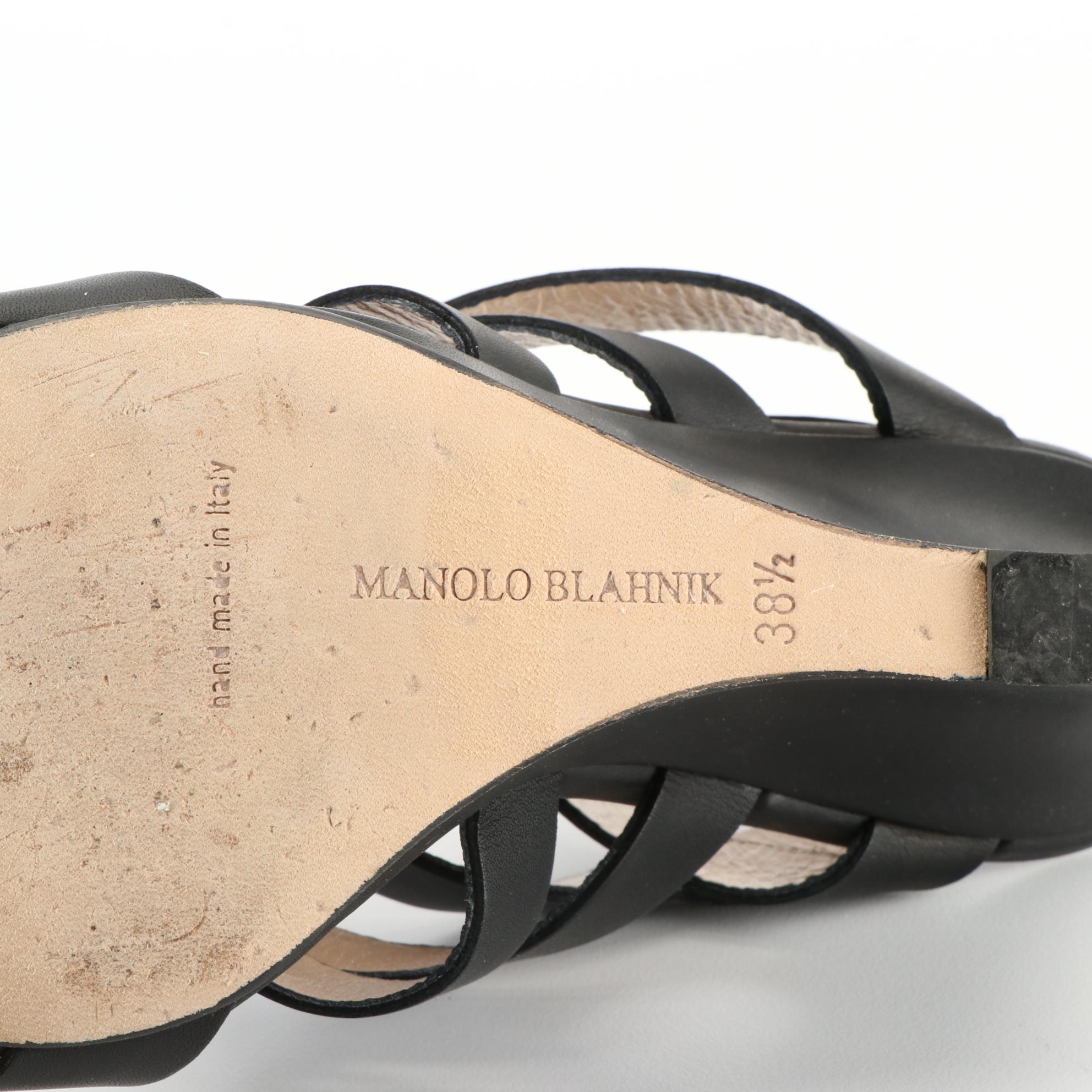 Manolo Blahnik Strappy Wedge Sandals in Black Leather
