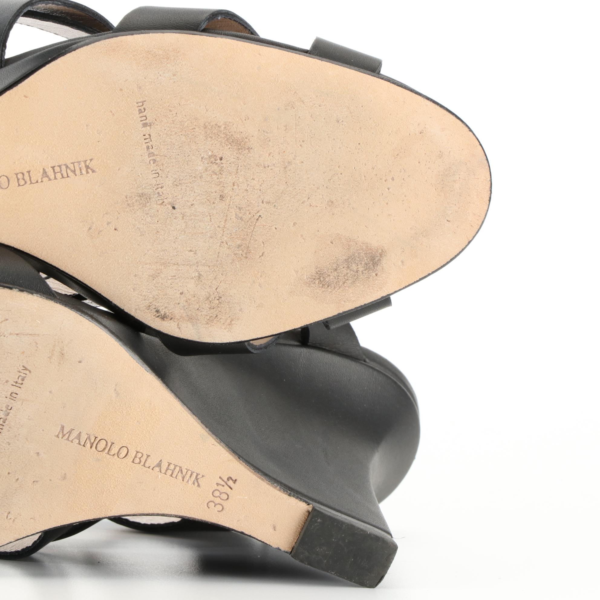 Manolo Blahnik Strappy Wedge Sandals in Black Leather