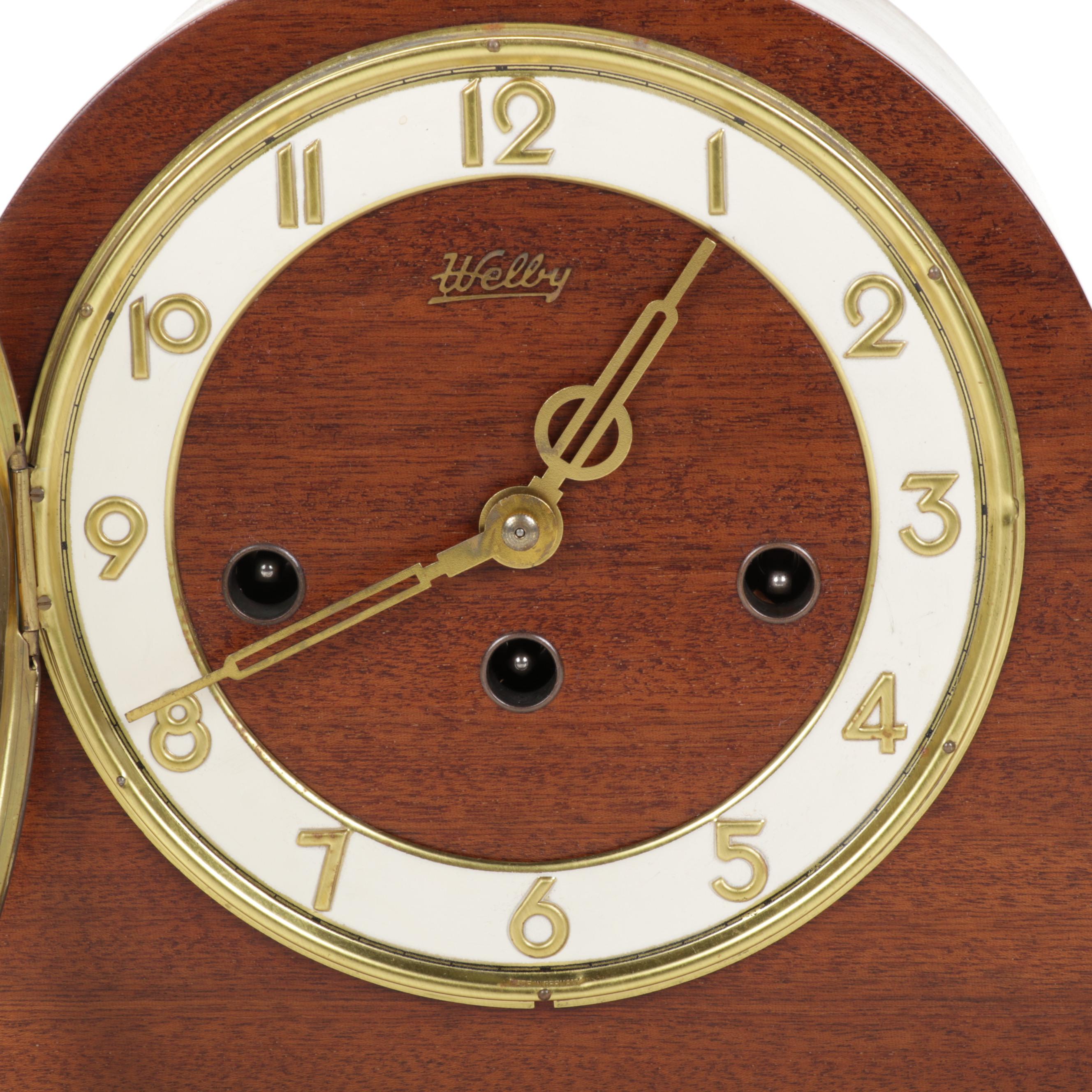 Welby Art Deco Mahogany Tambour Mantel Clock, Made in Germany, Early/Mid 20th C.