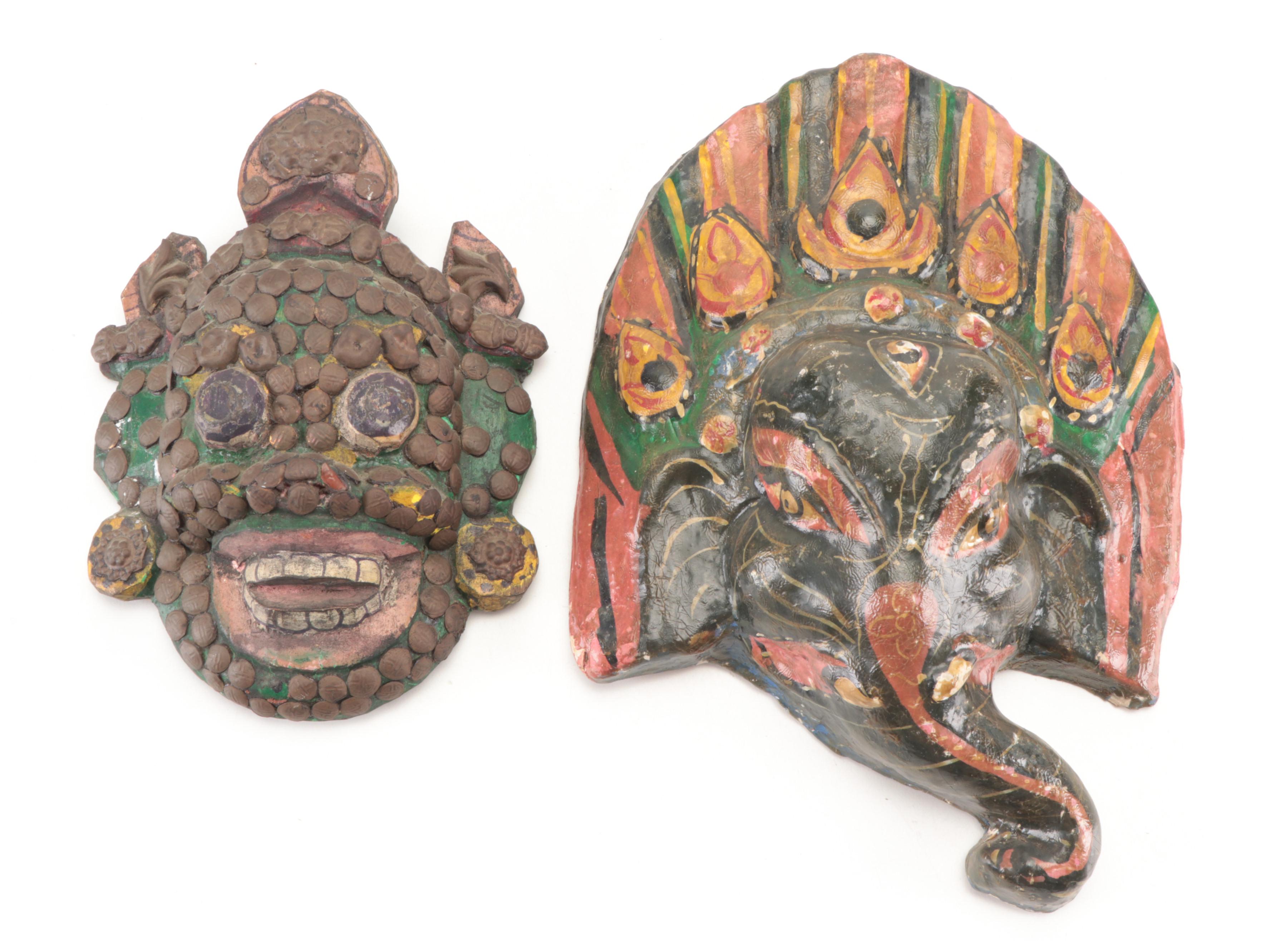 Southeast Asian Papier-Mâché and Wood Mahakala and Ganesha Miniature Masks