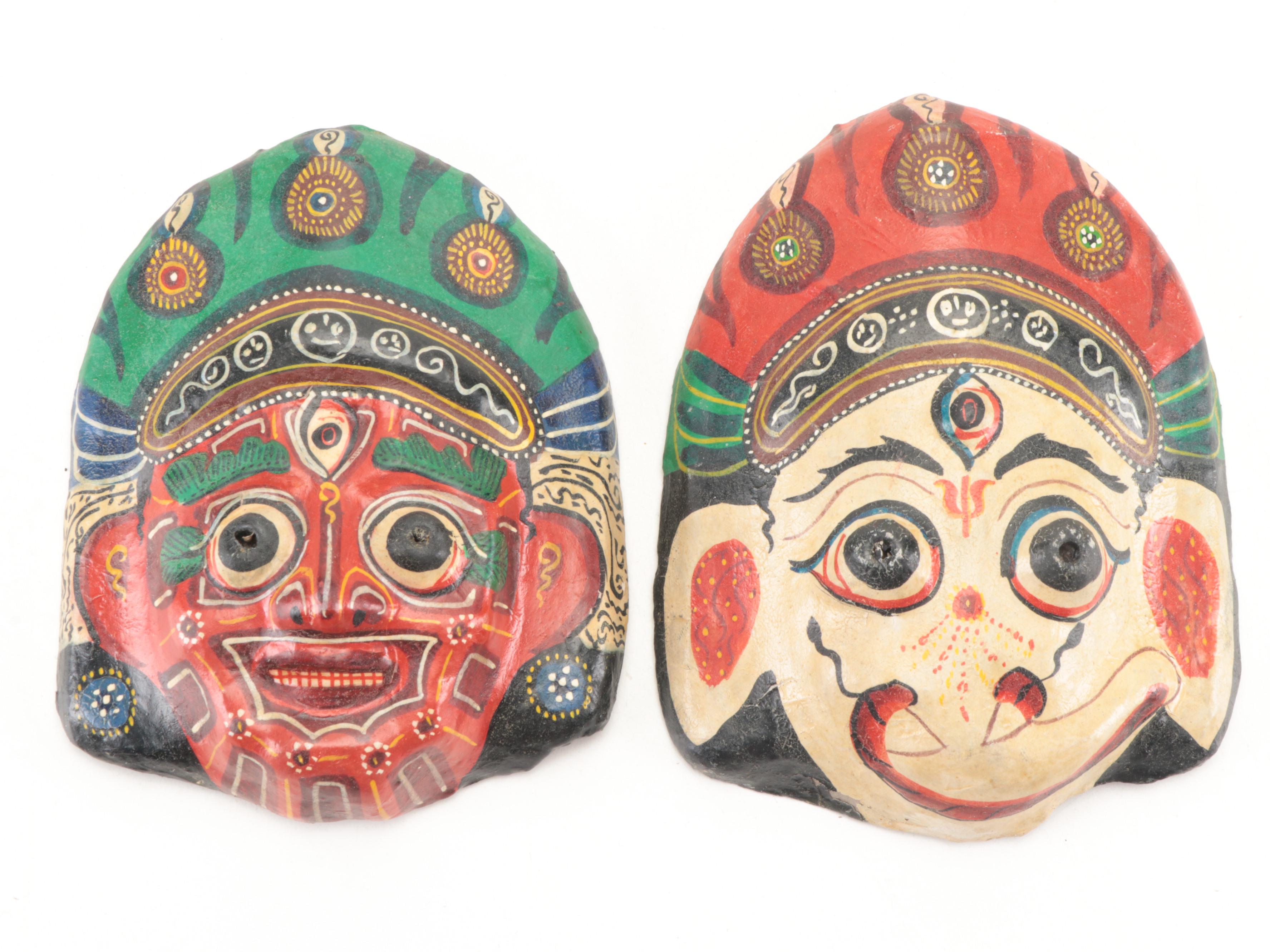 Southeast Asian Papier-Mâché and Wood Mahakala and Ganesha Miniature Masks