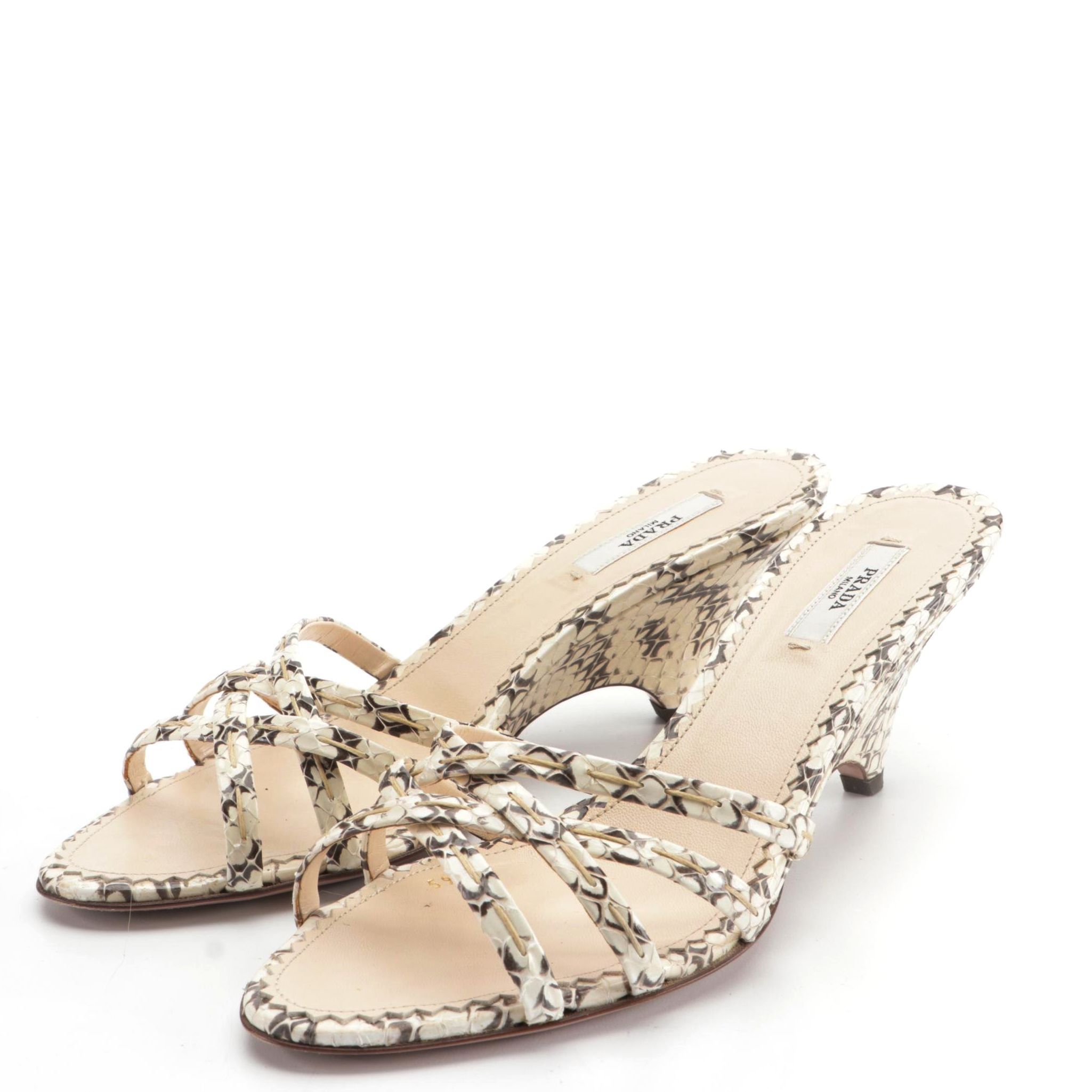 Prada Strappy Wedge Sandals in Snakeskin with Stitching Detail