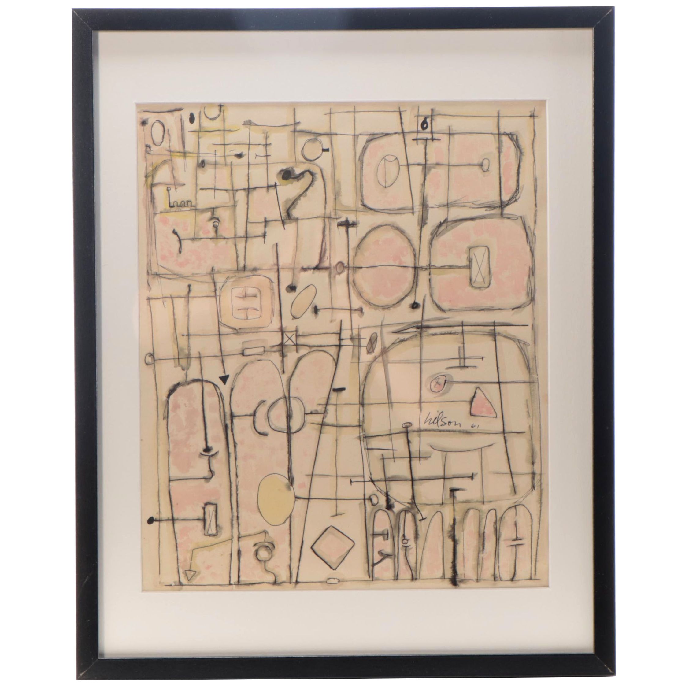 Harry Hilson Abstract Ink and Watercolor Drawing, 1961