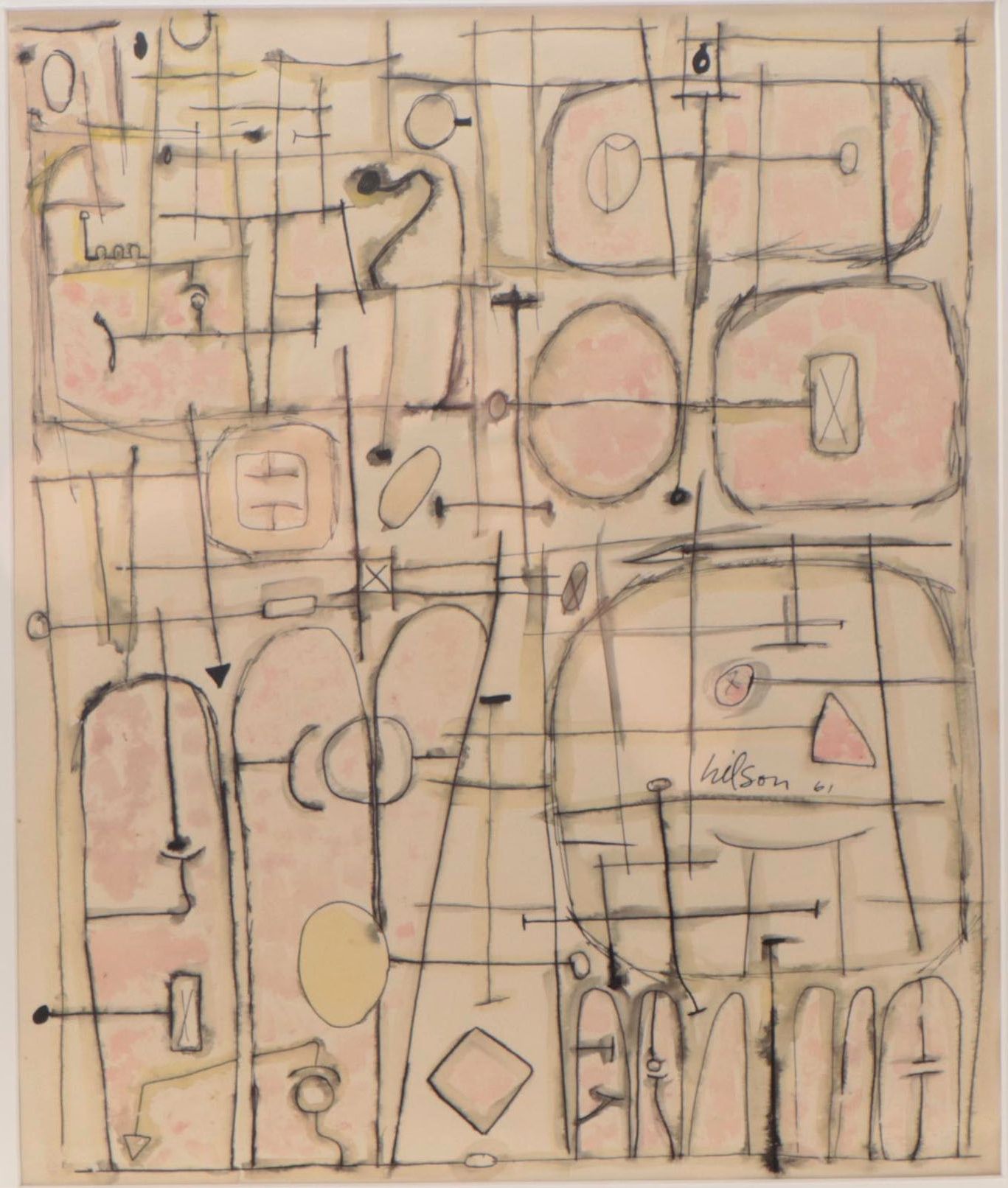 Harry Hilson Abstract Ink and Watercolor Drawing, 1961