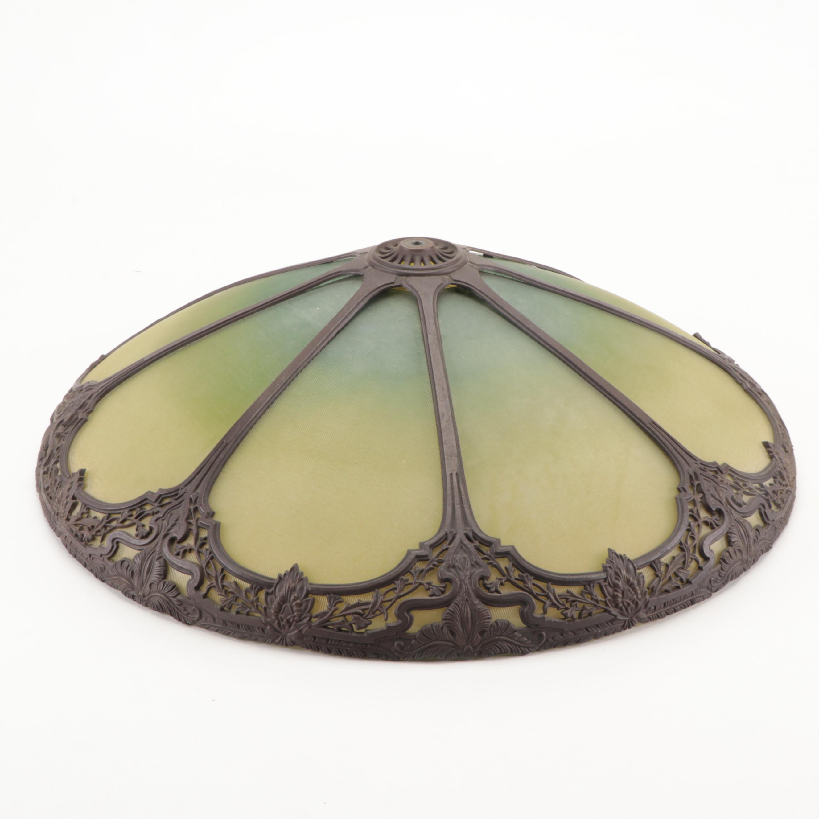 Arts and Crafts Style Cast Iron Table Lamp with Metal Overlay Ribbed Glass Shade