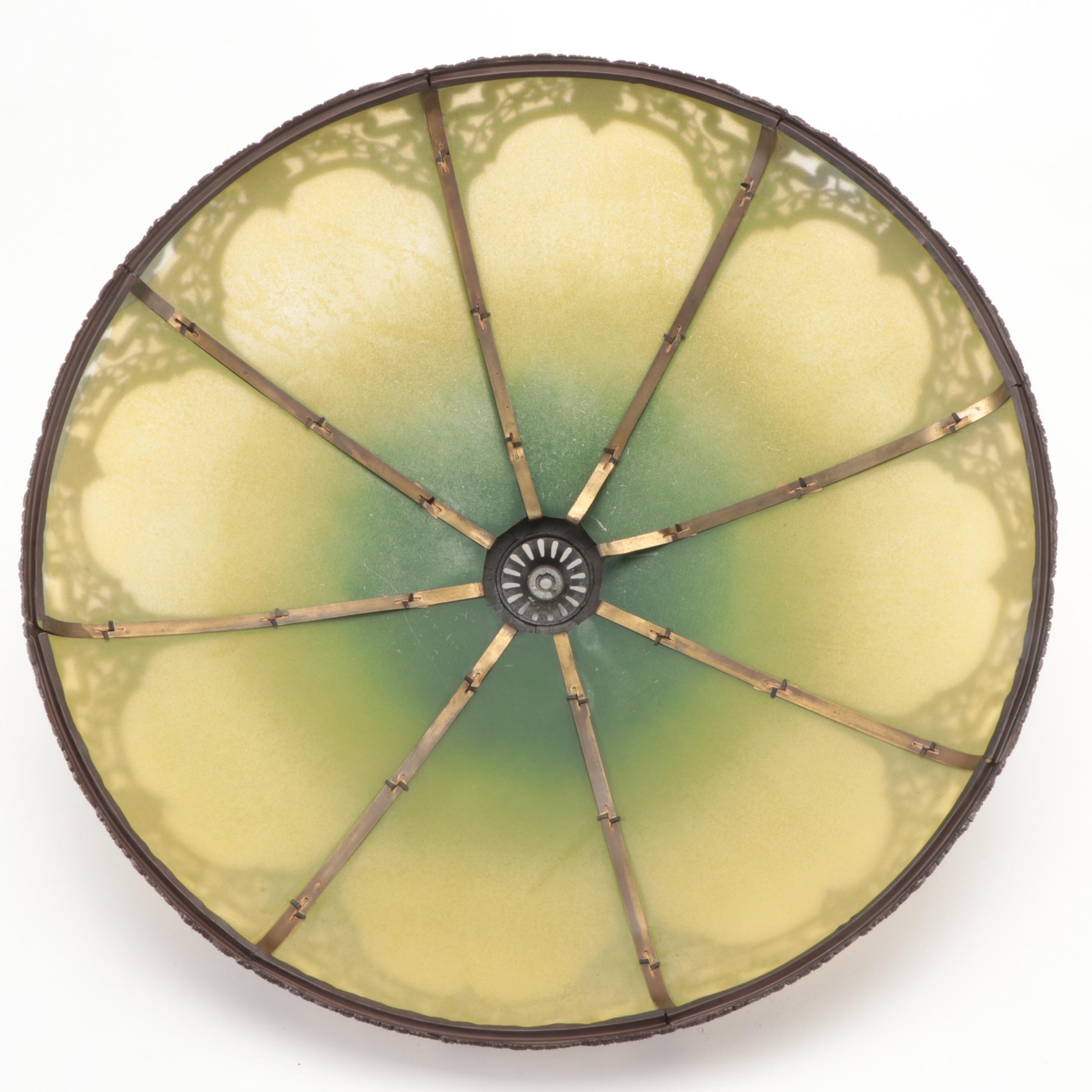 Arts and Crafts Style Cast Iron Table Lamp with Metal Overlay Ribbed Glass Shade