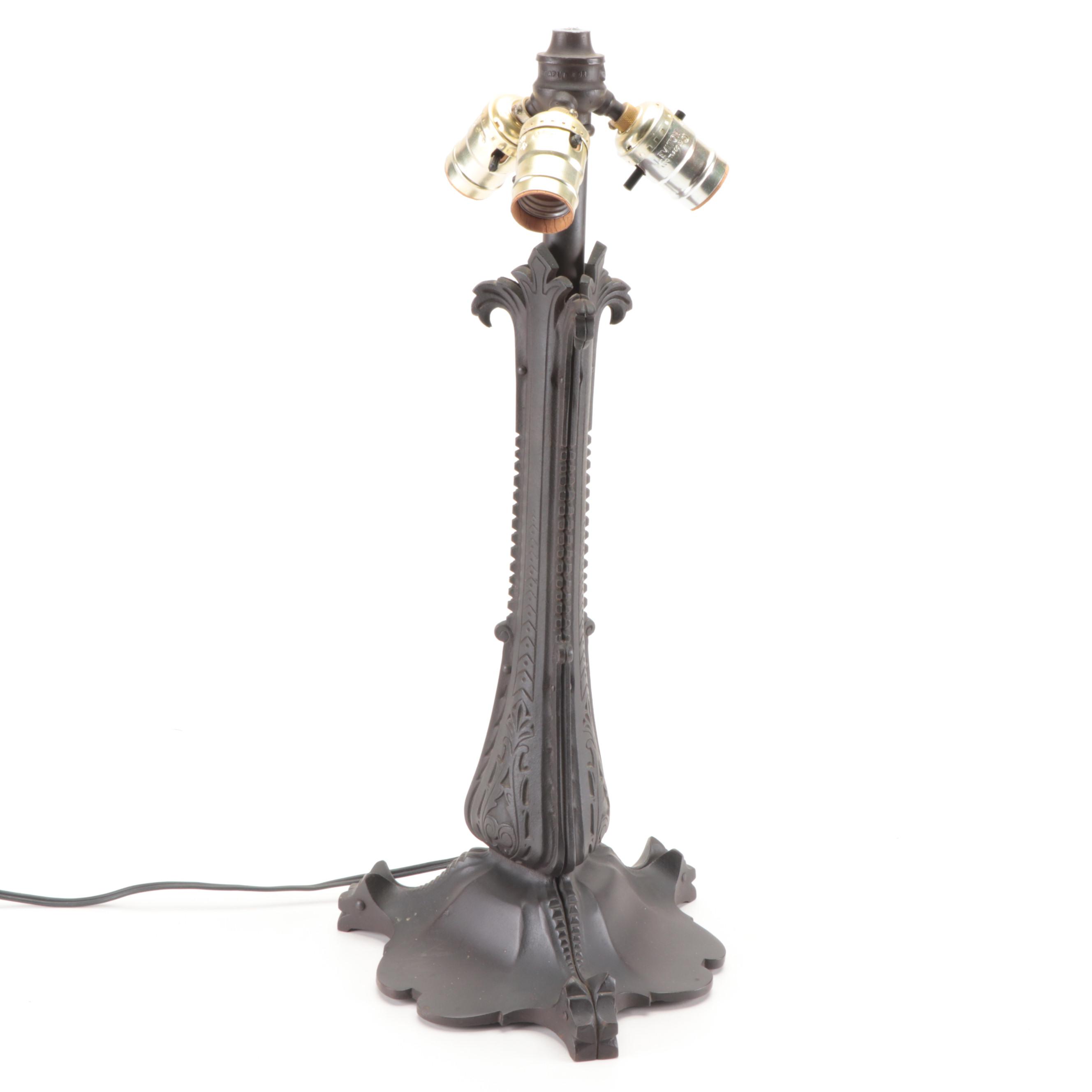 Arts and Crafts Style Cast Iron Table Lamp with Metal Overlay Ribbed Glass Shade