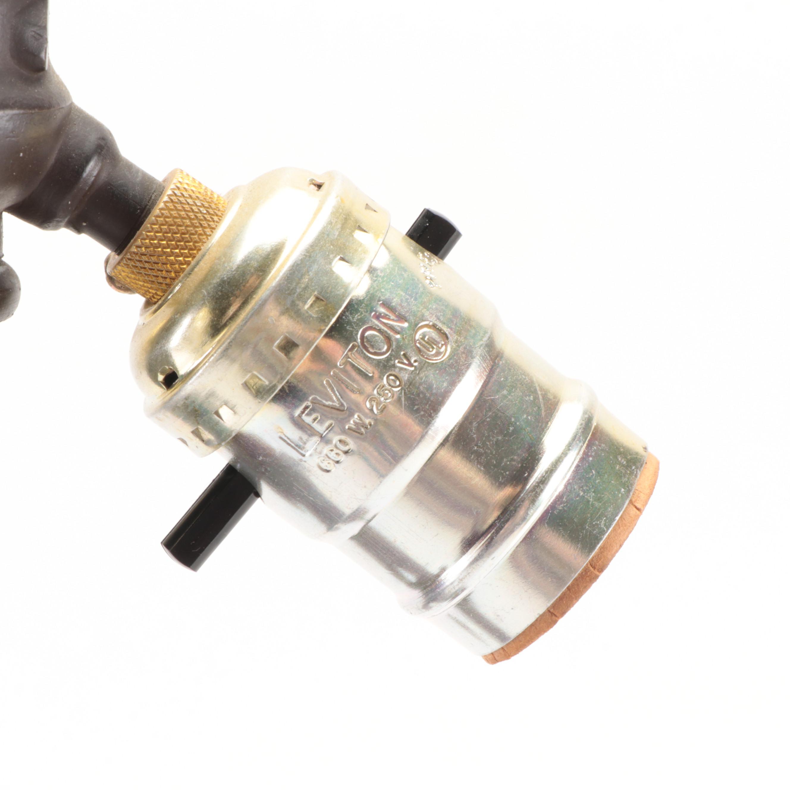 Arts and Crafts Style Cast Iron Table Lamp with Metal Overlay Ribbed Glass Shade