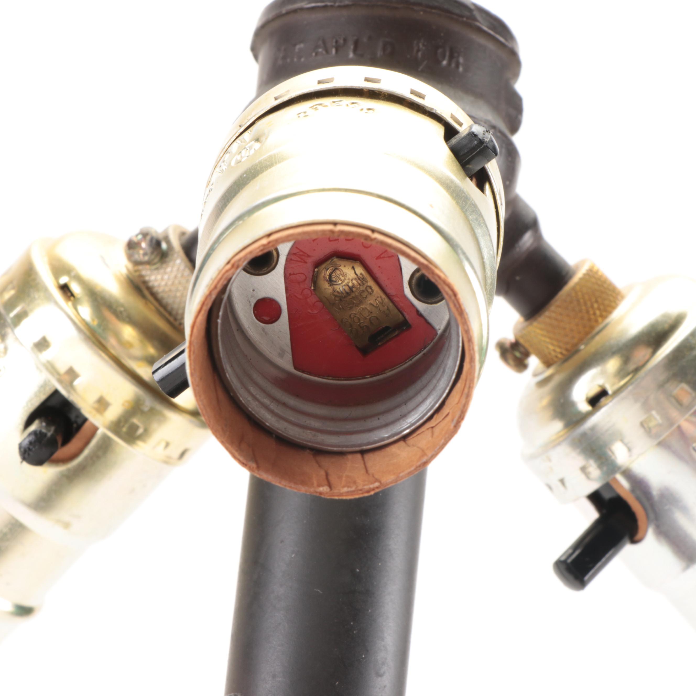 Arts and Crafts Style Cast Iron Table Lamp with Metal Overlay Ribbed Glass Shade