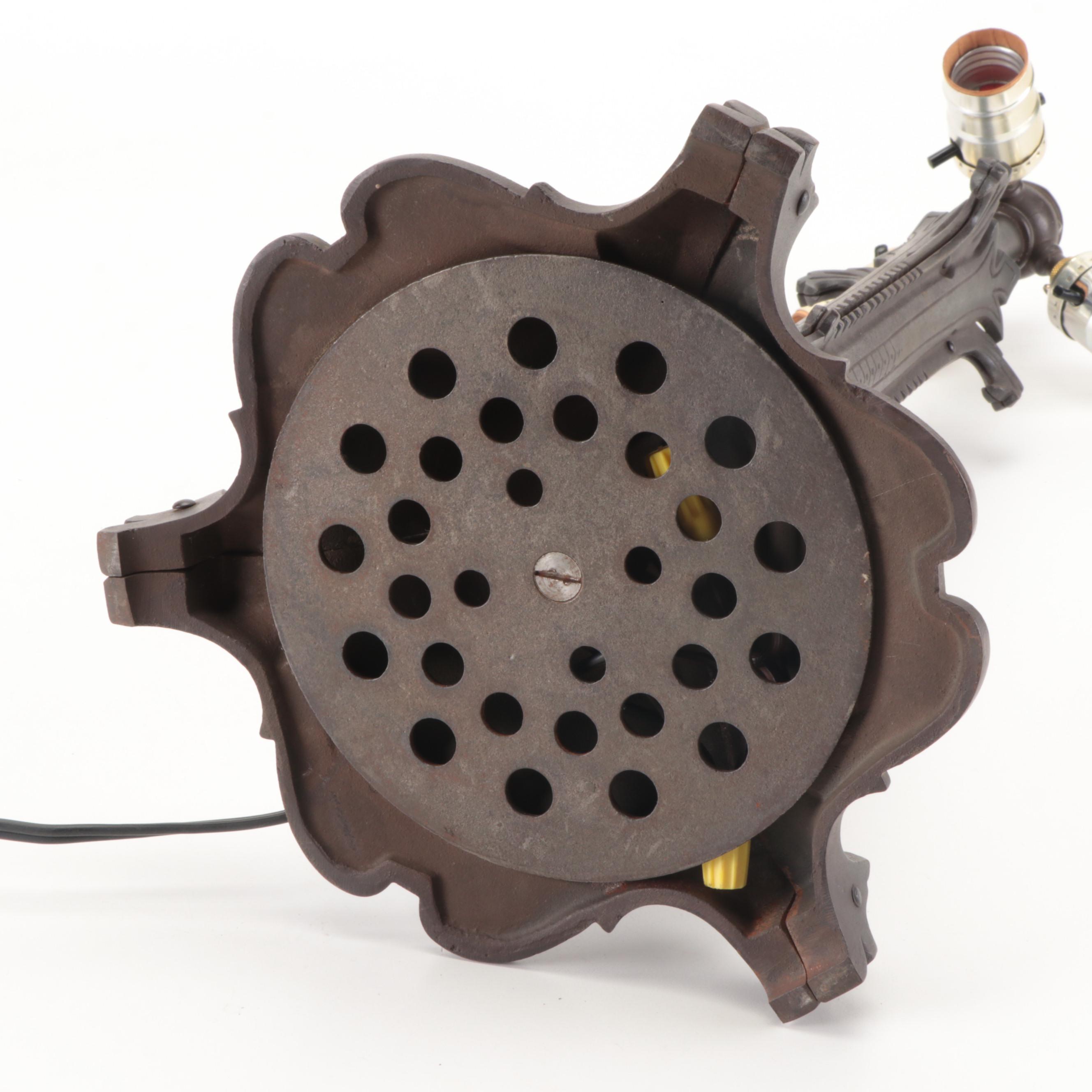 Arts and Crafts Style Cast Iron Table Lamp with Metal Overlay Ribbed Glass Shade