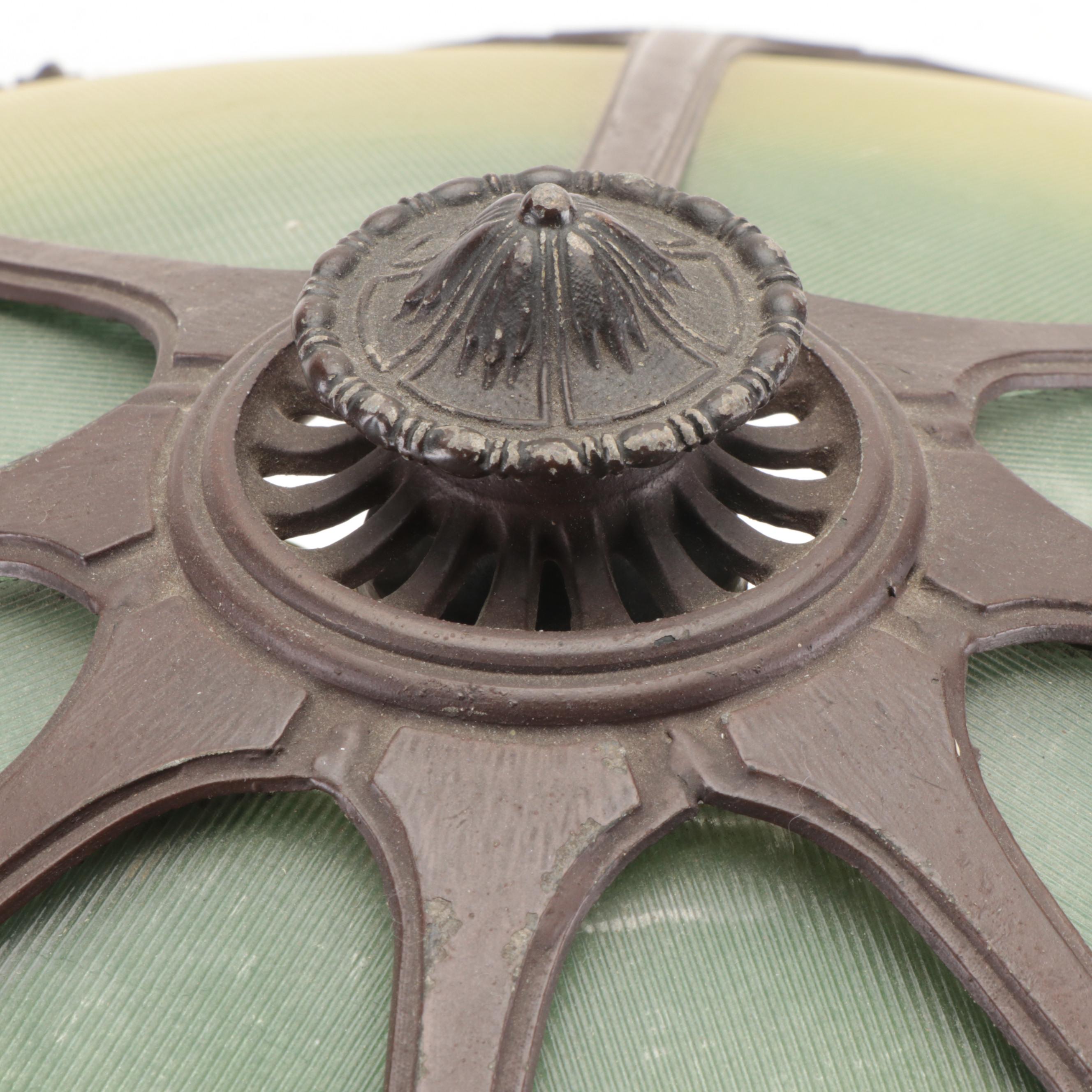 Arts and Crafts Style Cast Iron Table Lamp with Metal Overlay Ribbed Glass Shade