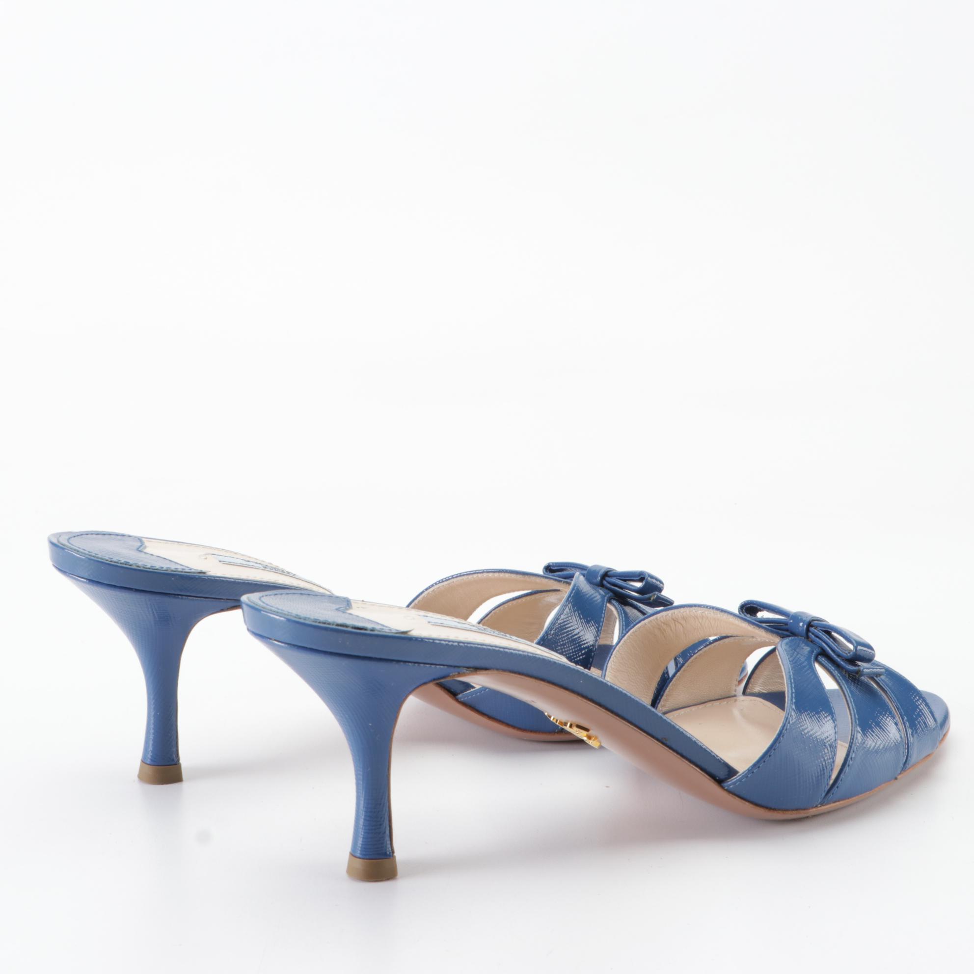 Prada 65mm Sandals in Blue Saffiano Patent Leather with Bow