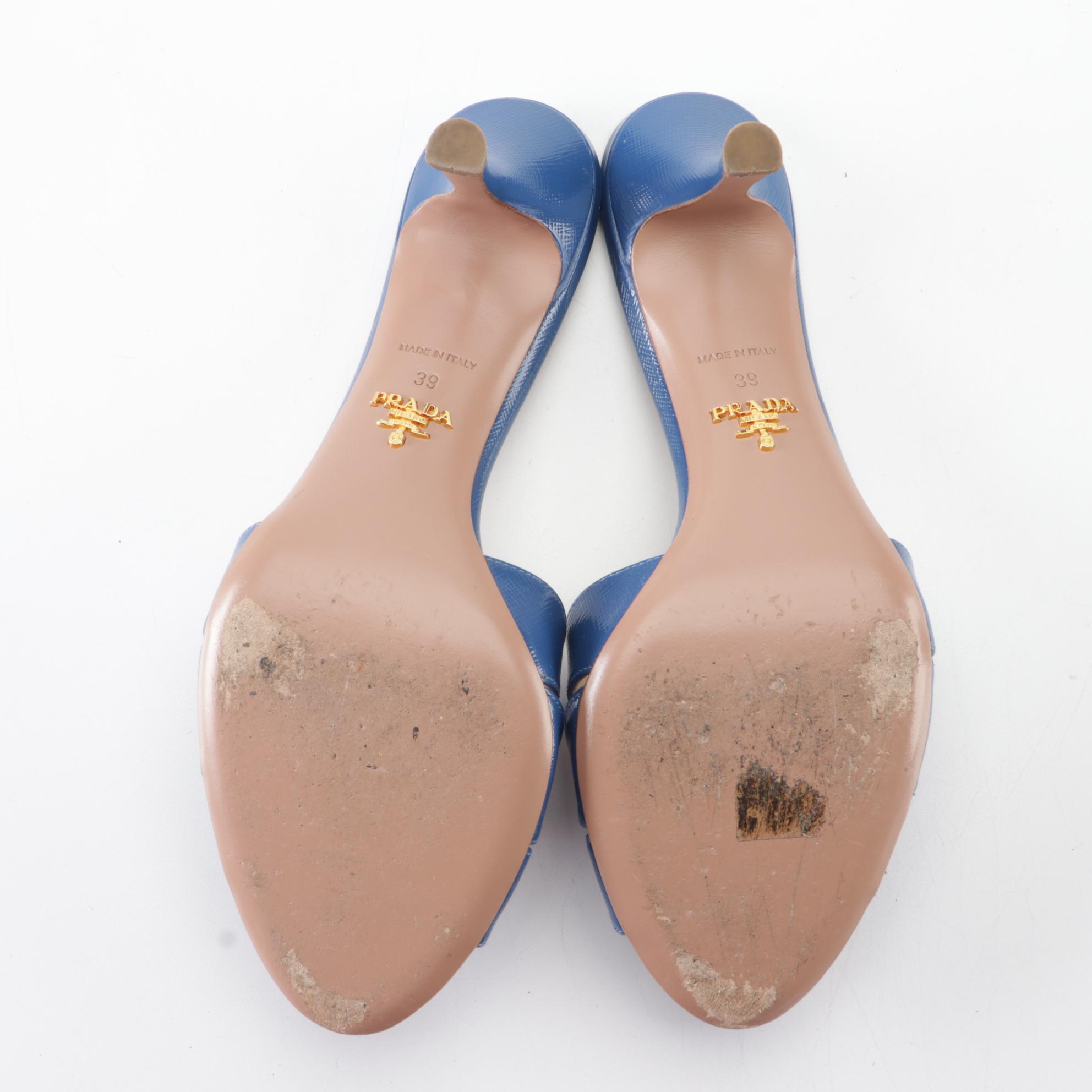 Prada 65mm Sandals in Blue Saffiano Patent Leather with Bow