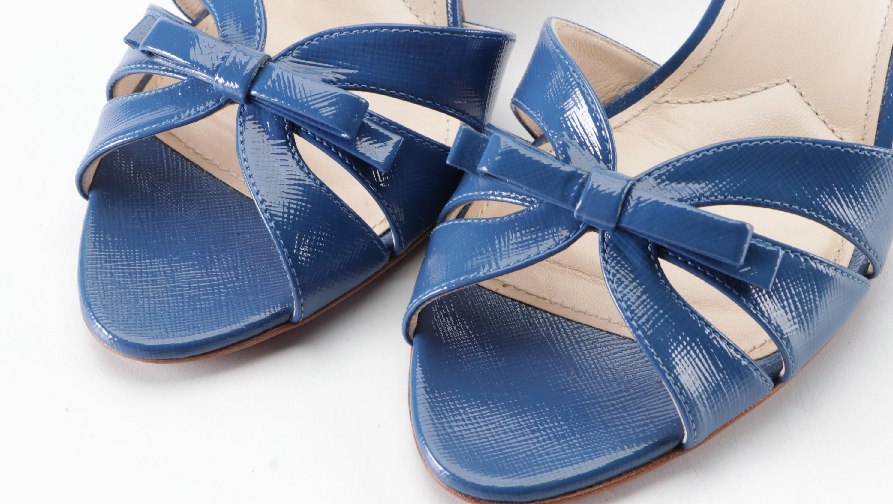 Prada 65mm Sandals in Blue Saffiano Patent Leather with Bow