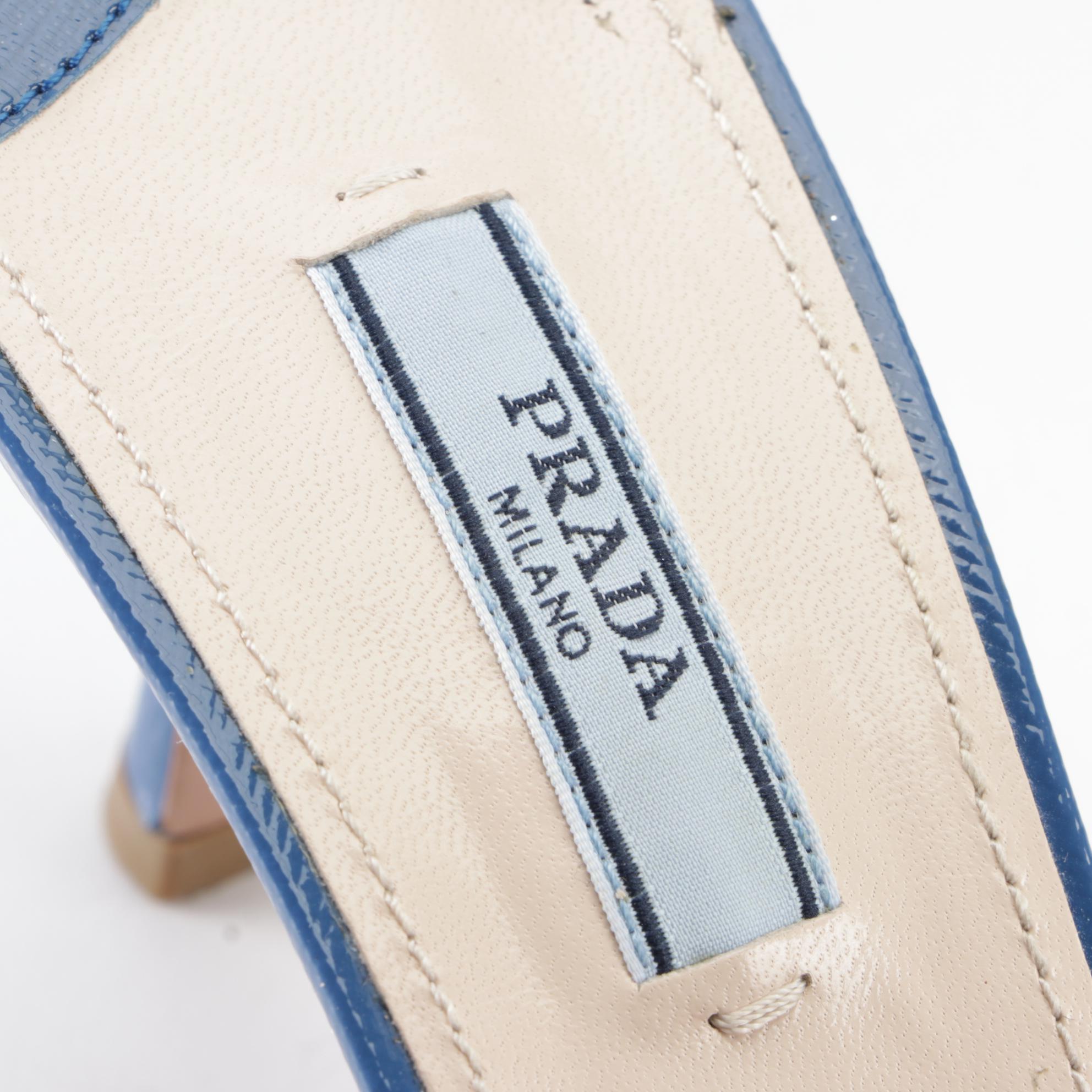 Prada 65mm Sandals in Blue Saffiano Patent Leather with Bow