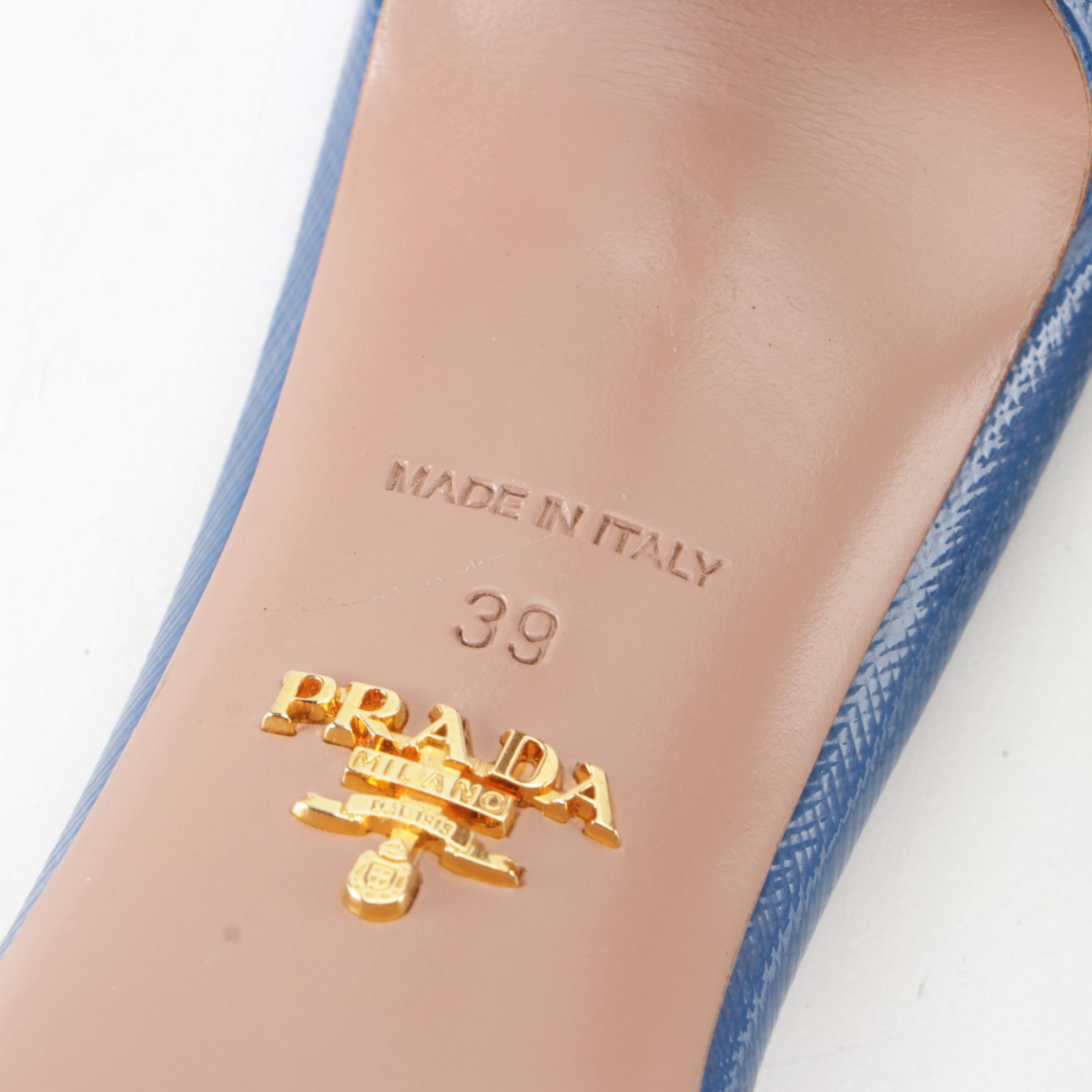 Prada 65mm Sandals in Blue Saffiano Patent Leather with Bow