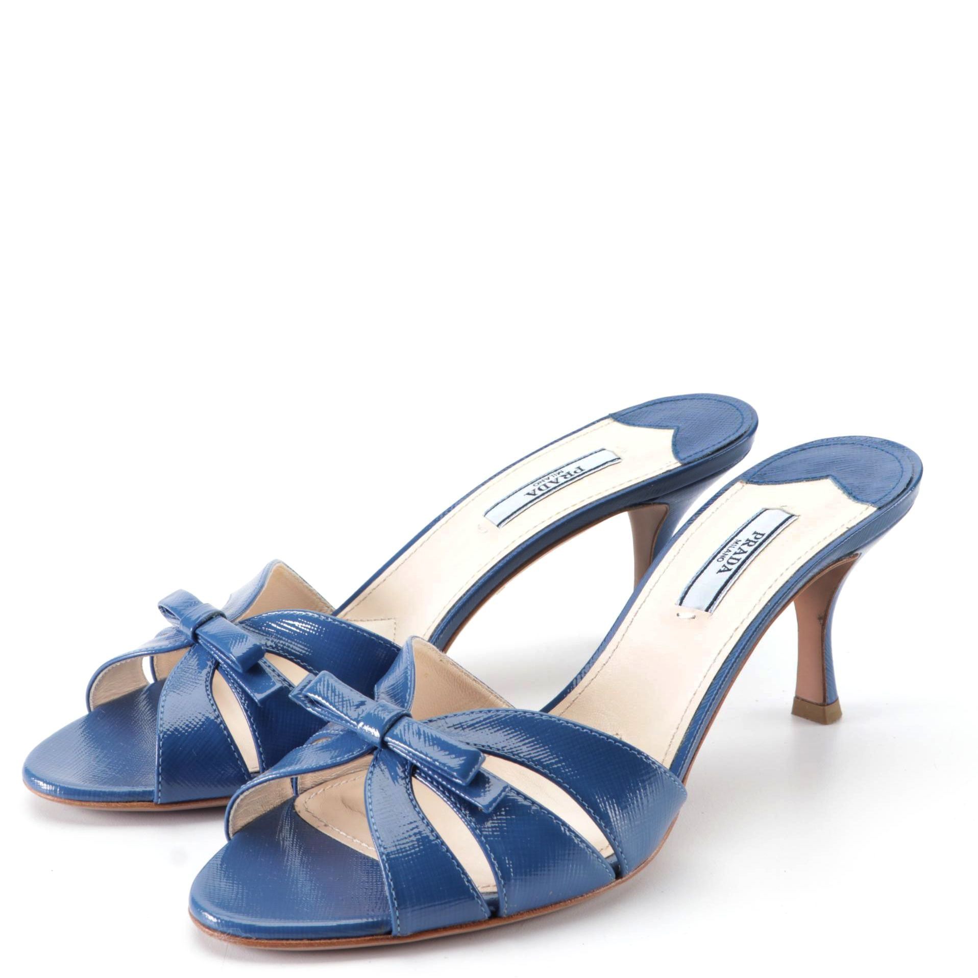 Prada 65mm Sandals in Blue Saffiano Patent Leather with Bow