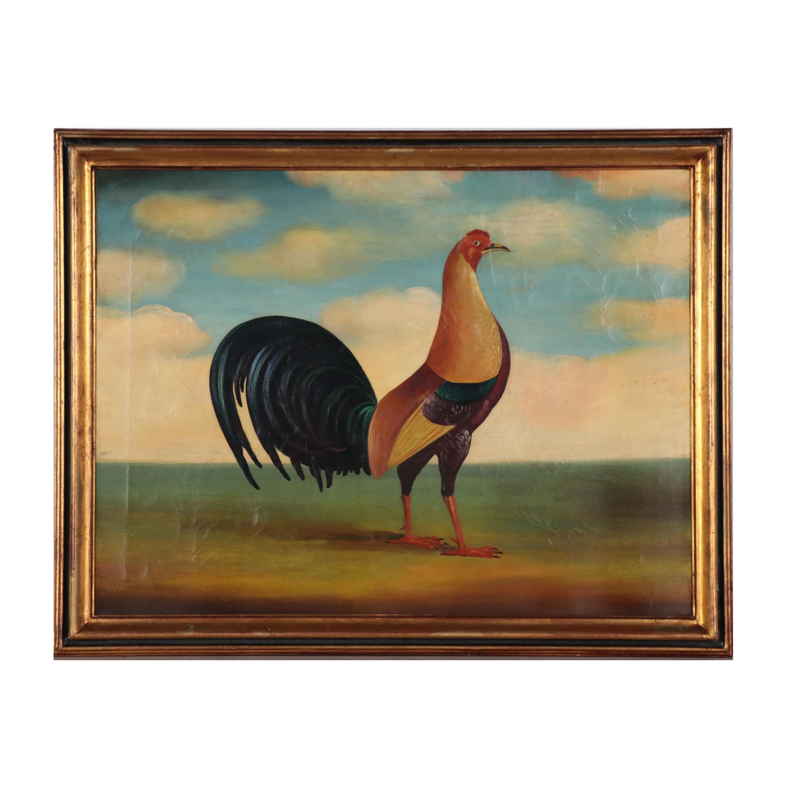 Folk Art Oil Painting of Rooster, Early 20th Century