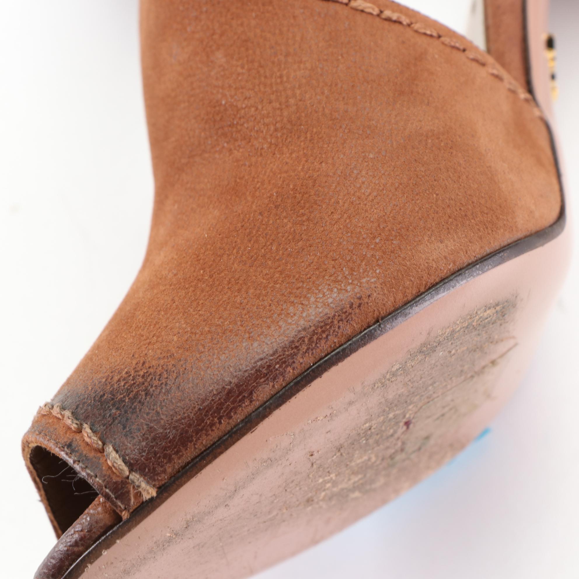 Prada Buckled Ankle Rear-Zip Peep Toe Sandals in Leather and Suede