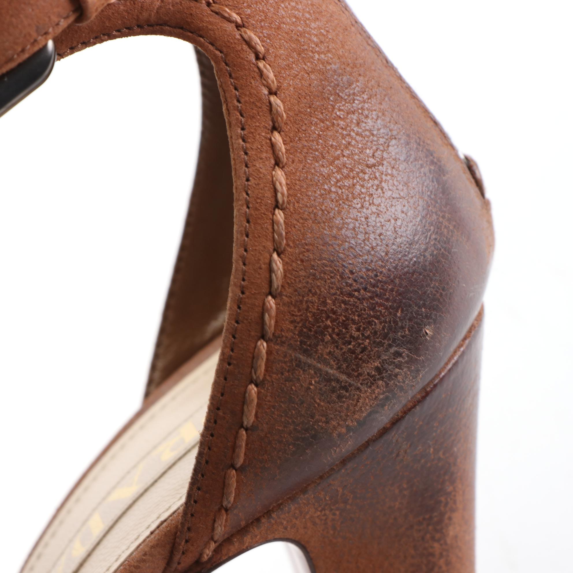 Prada Buckled Ankle Rear-Zip Peep Toe Sandals in Leather and Suede