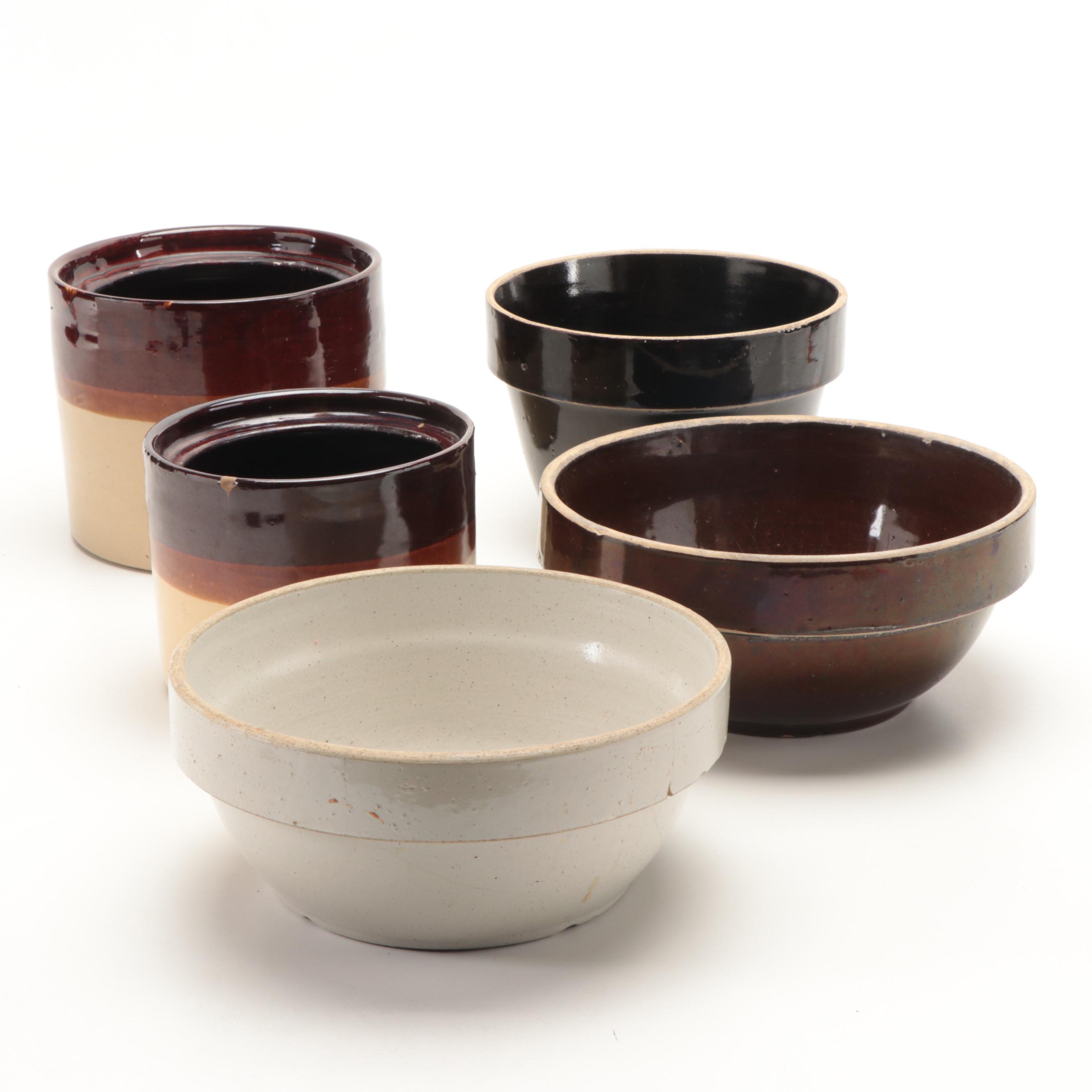Triple Brown Stoneware Crocks with Other Stoneware Mixing Bowls, 20th Century