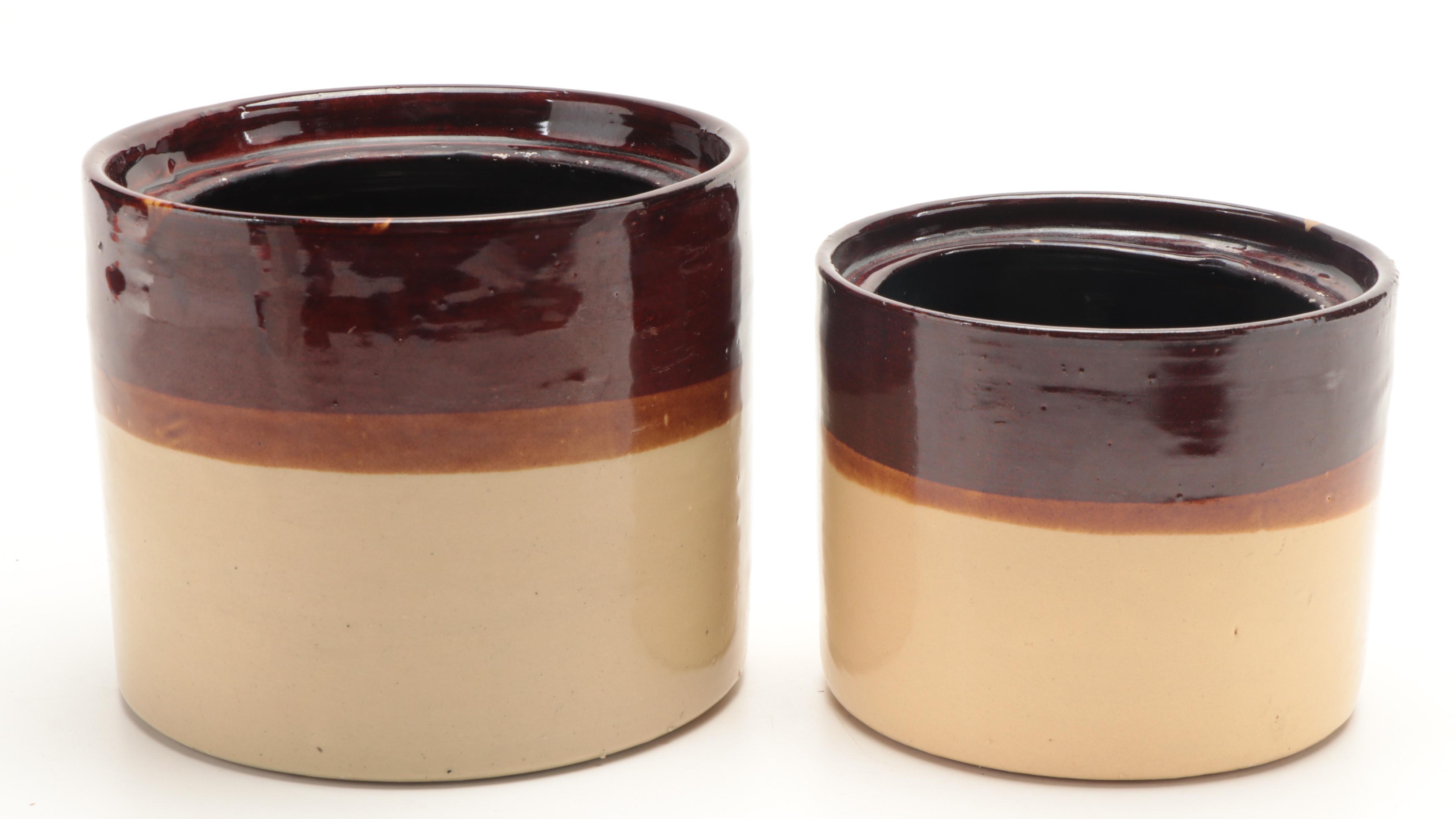 Triple Brown Stoneware Crocks with Other Stoneware Mixing Bowls, 20th Century