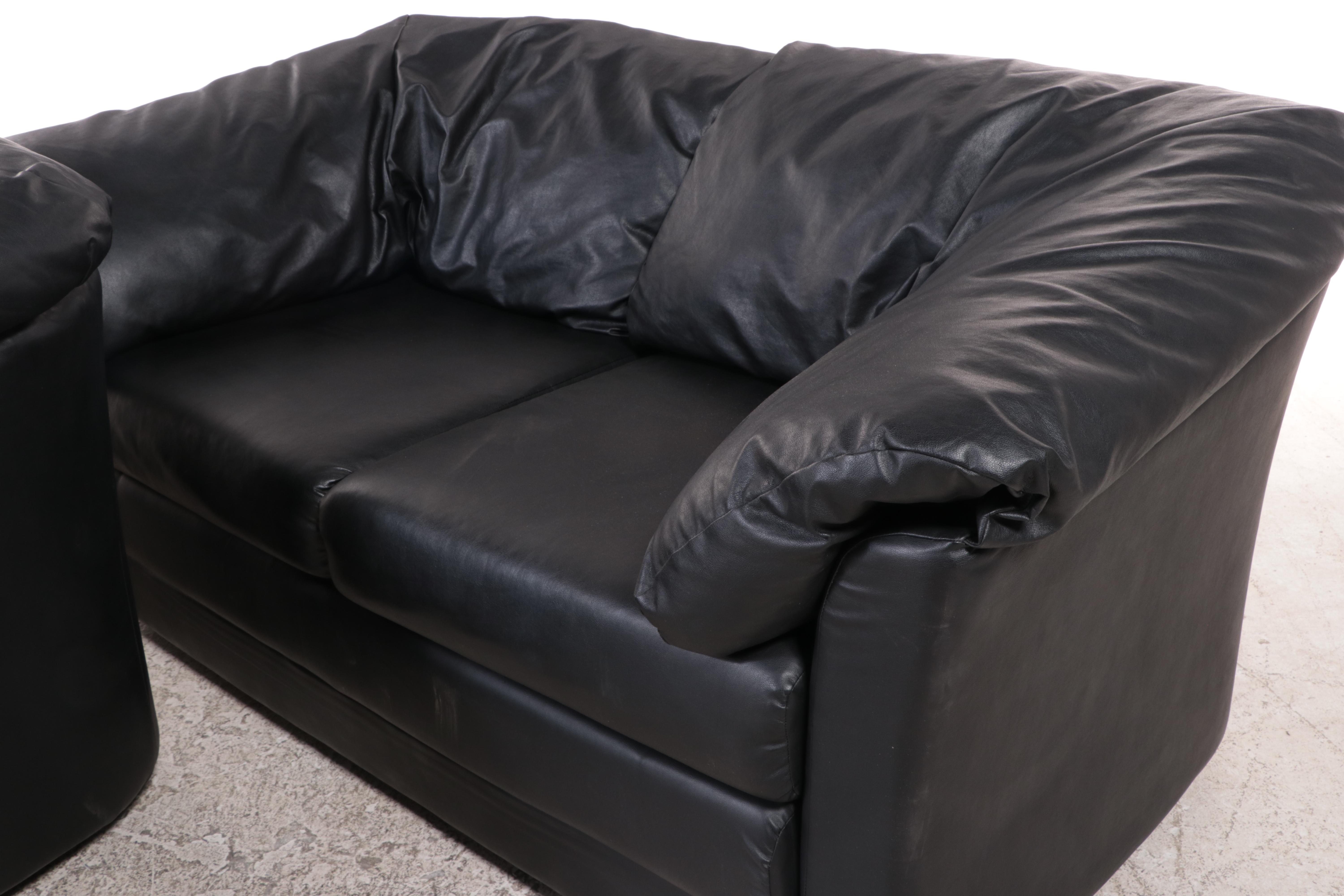 Pair of IKEA Modernist Style Black Vinyl Upholstered Loveseats