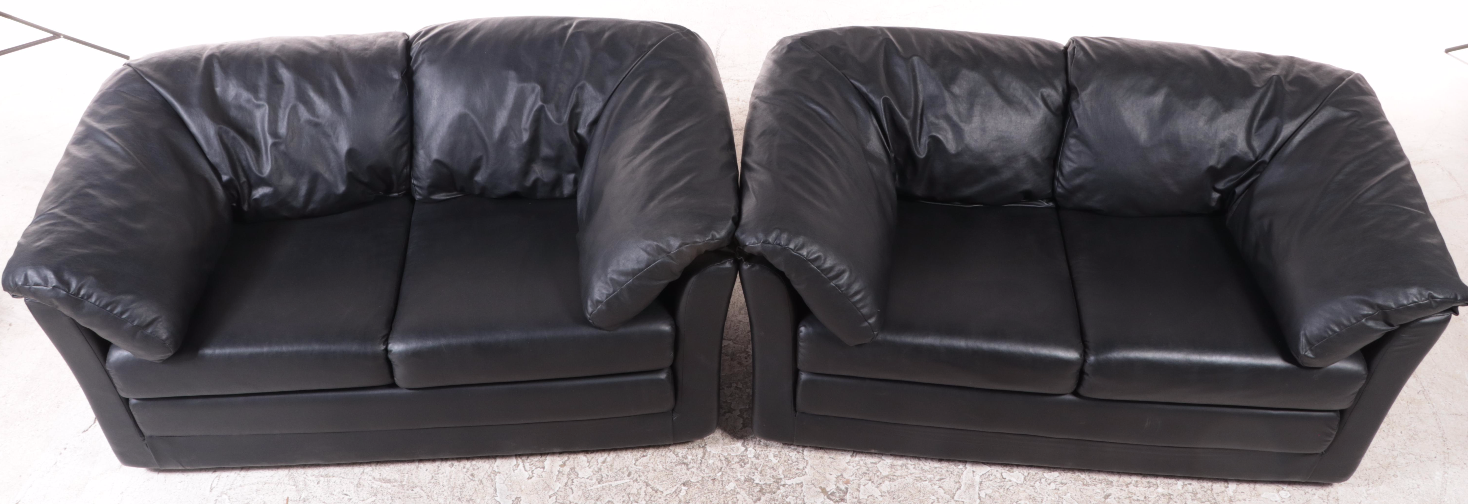 Pair of IKEA Modernist Style Black Vinyl Upholstered Loveseats