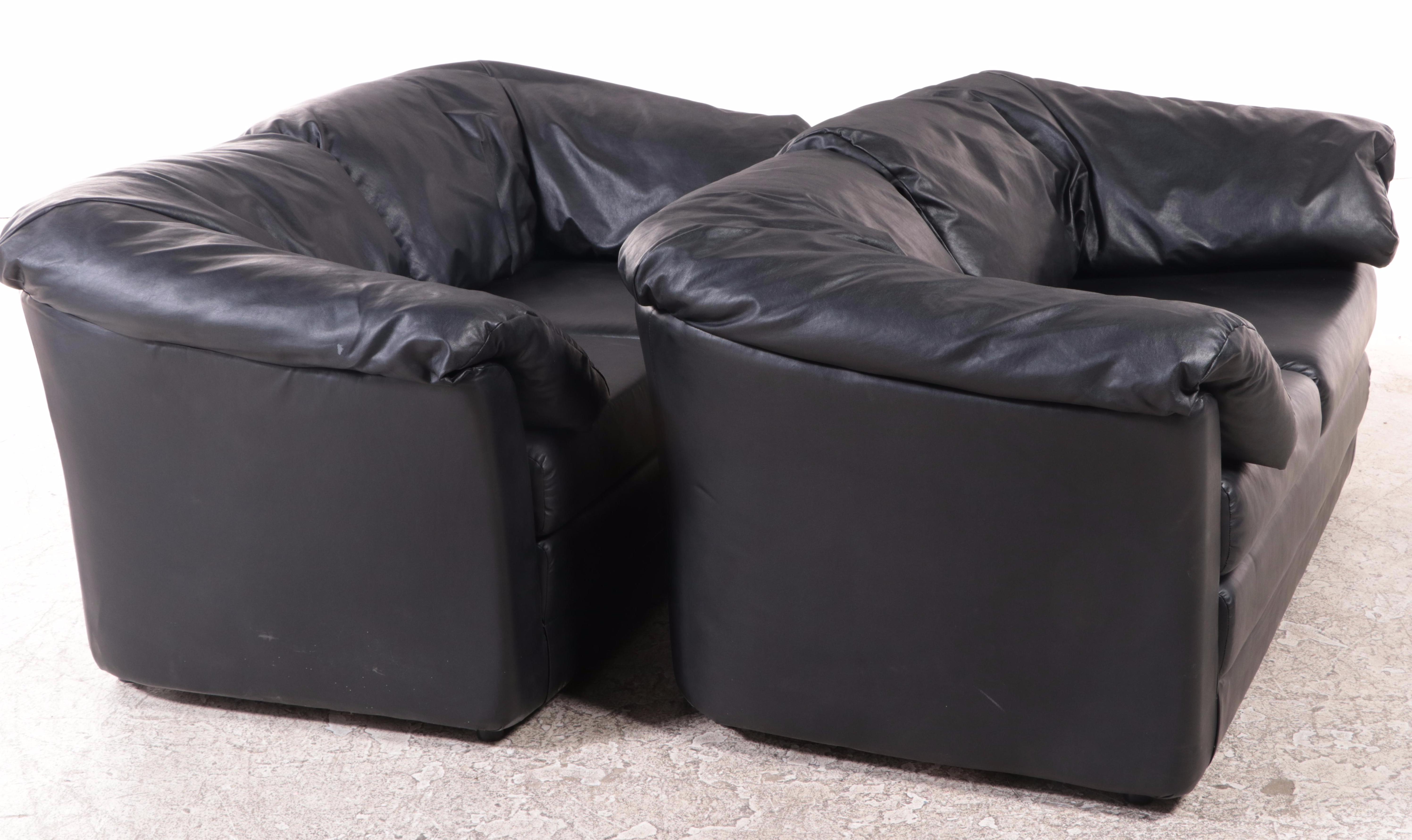 Pair of IKEA Modernist Style Black Vinyl Upholstered Loveseats