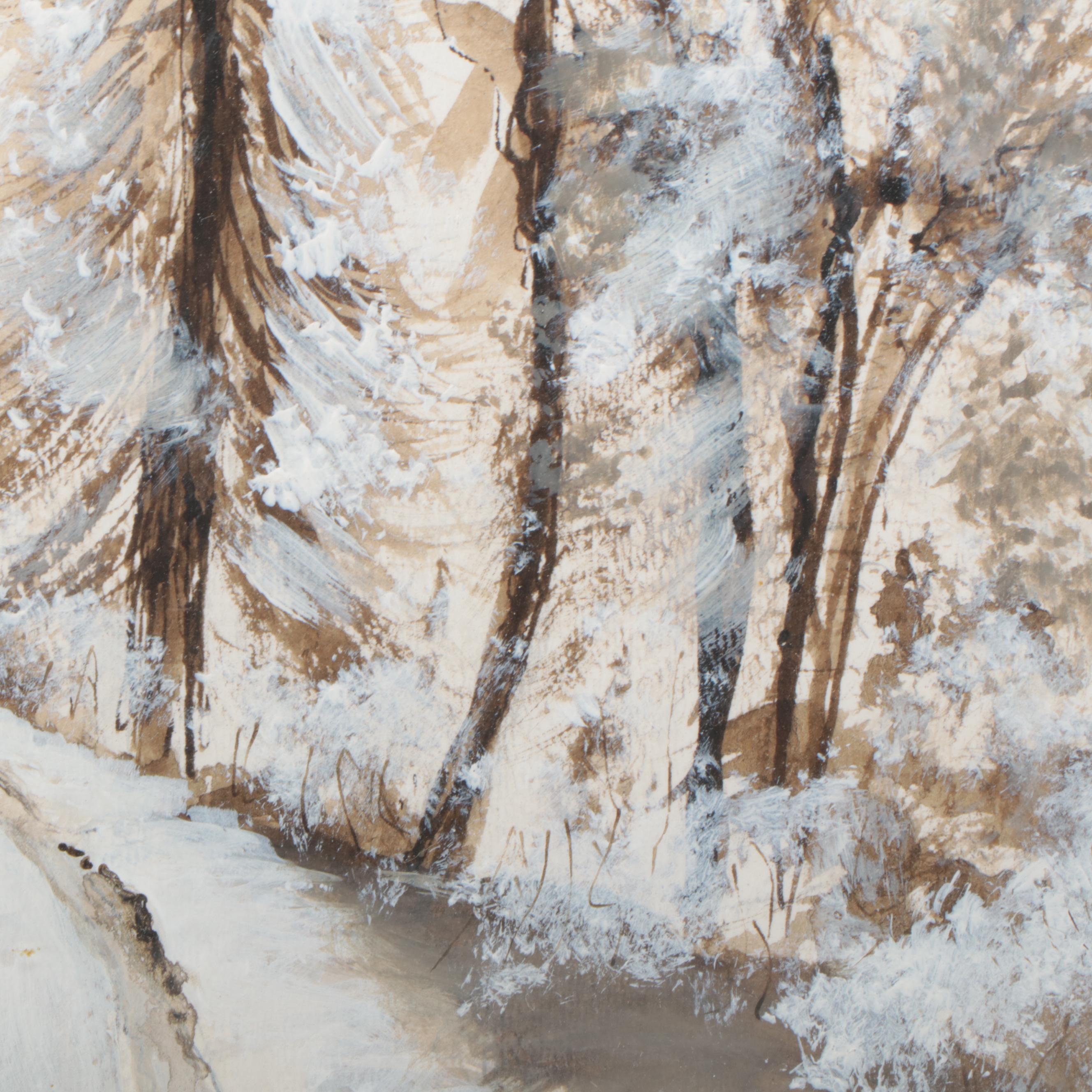 Ink and Acrylic Winter Landscape Painting