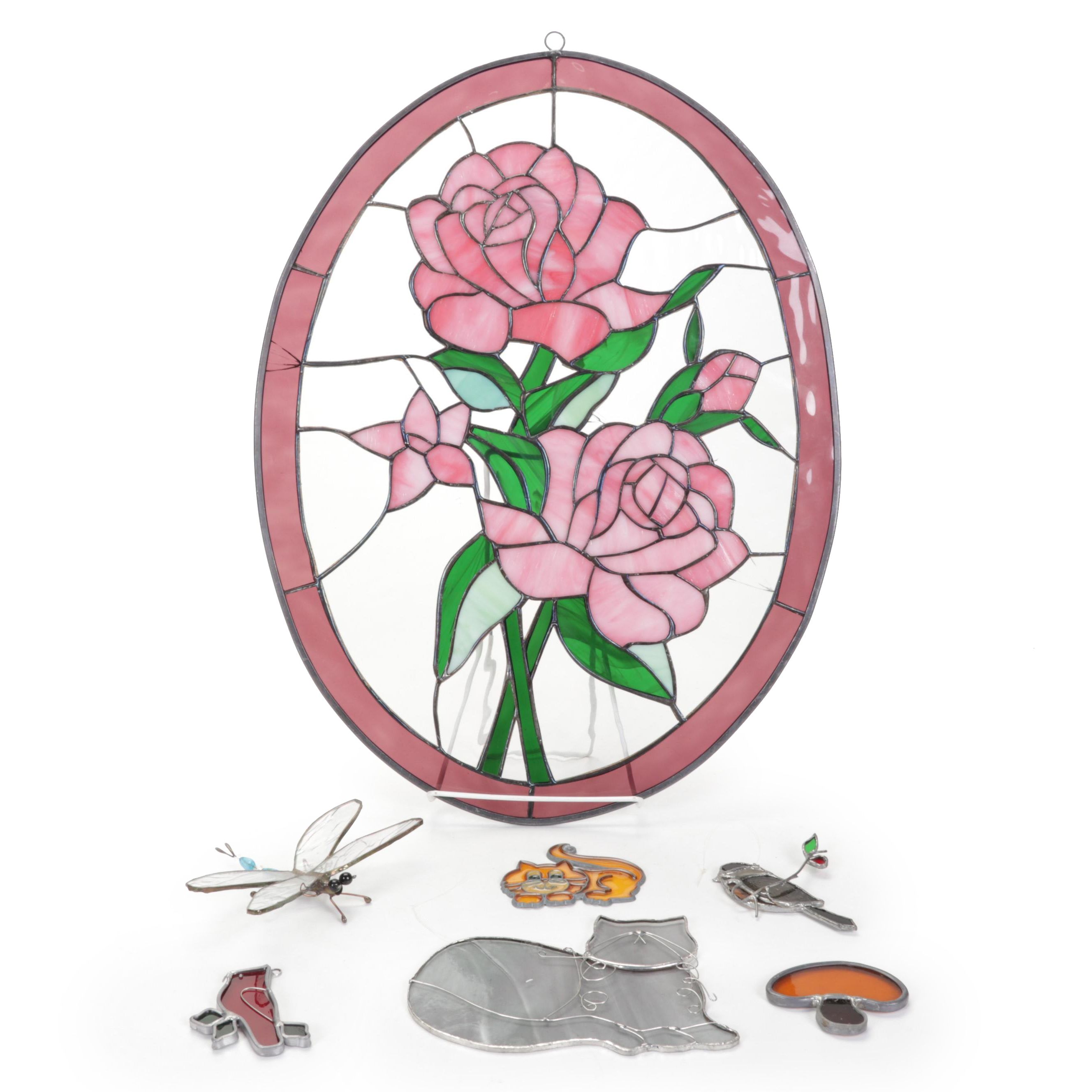 Rose Stained Glass Oval Panel and Window Sun Catchers