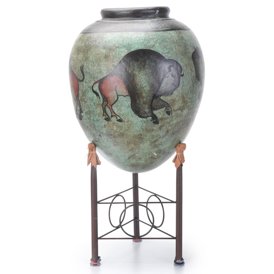 Large-Scale Plaster Vase With Buffalo Motif