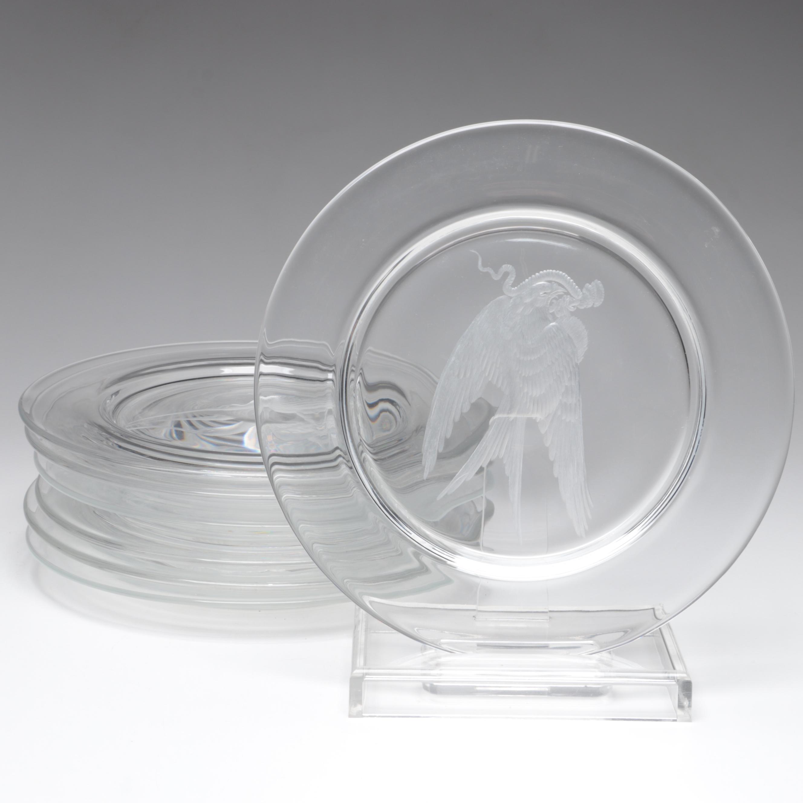 Steuben Art Glass "Audubon Birds" Clear Engraved Plates, Mid to Late 20th C.