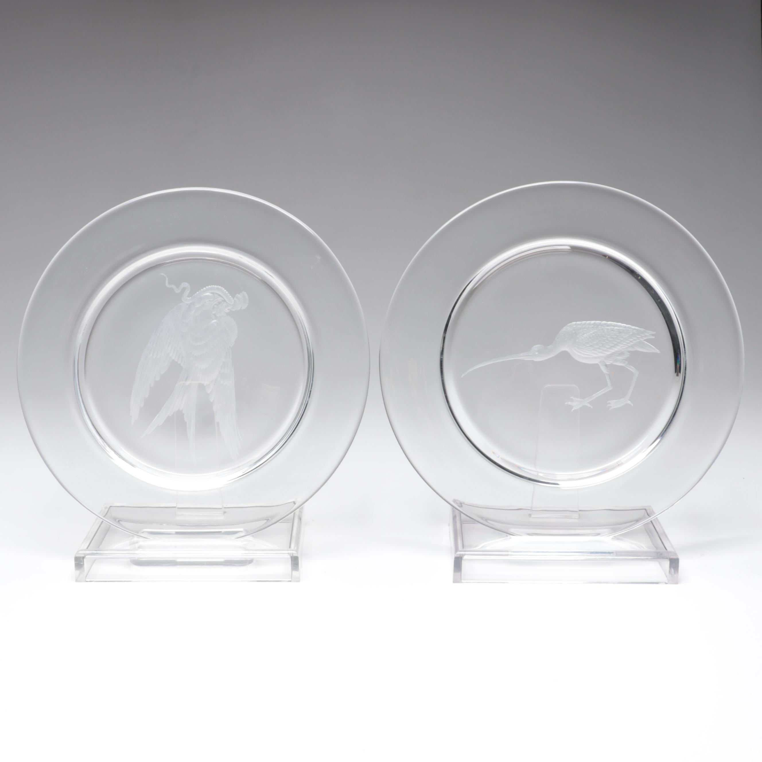 Steuben Art Glass "Audubon Birds" Clear Engraved Plates, Mid to Late 20th C.