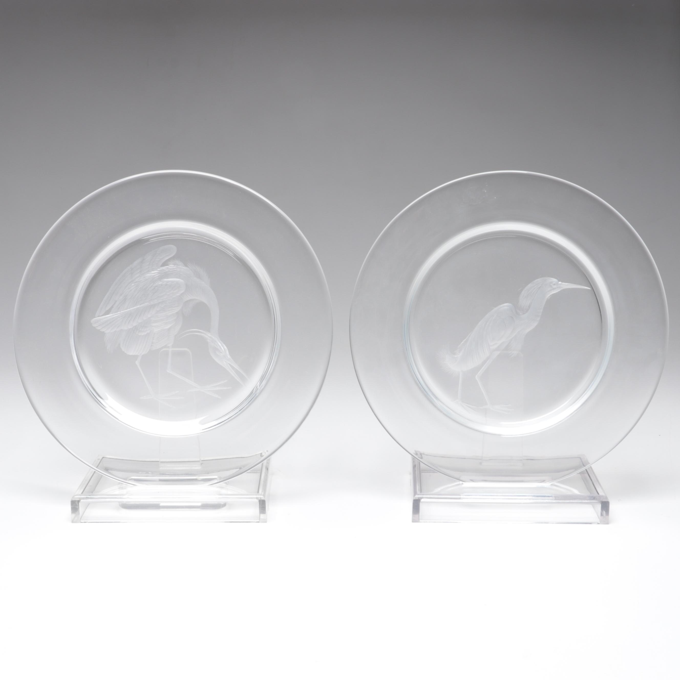 Steuben Art Glass "Audubon Birds" Clear Engraved Plates, Mid to Late 20th C.