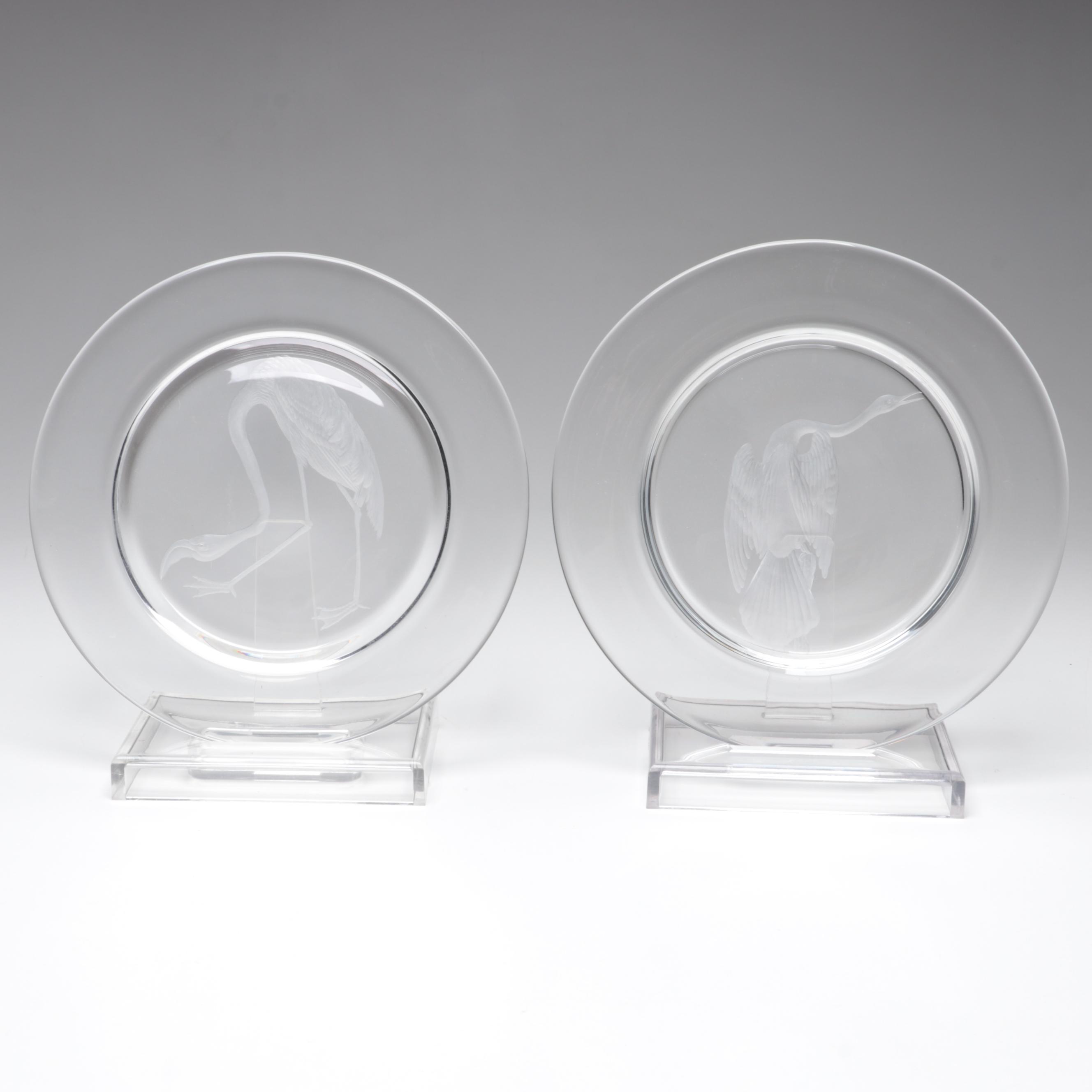 Steuben Art Glass "Audubon Birds" Clear Engraved Plates, Mid to Late 20th C.